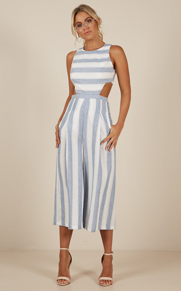 Out Dream Yourself Jumpsuit In Blue Stripe Linen Look