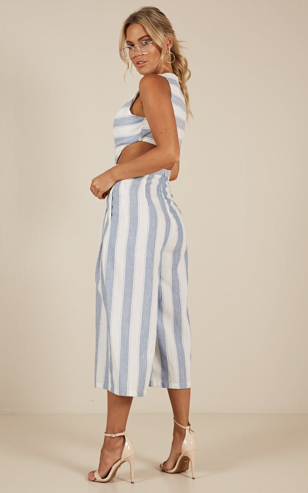Out Dream Yourself Jumpsuit In Blue Stripe Linen Look