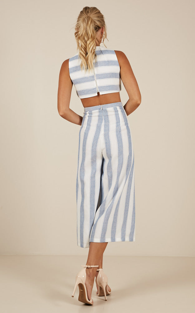 Out Dream Yourself Jumpsuit In Blue Stripe Linen Look