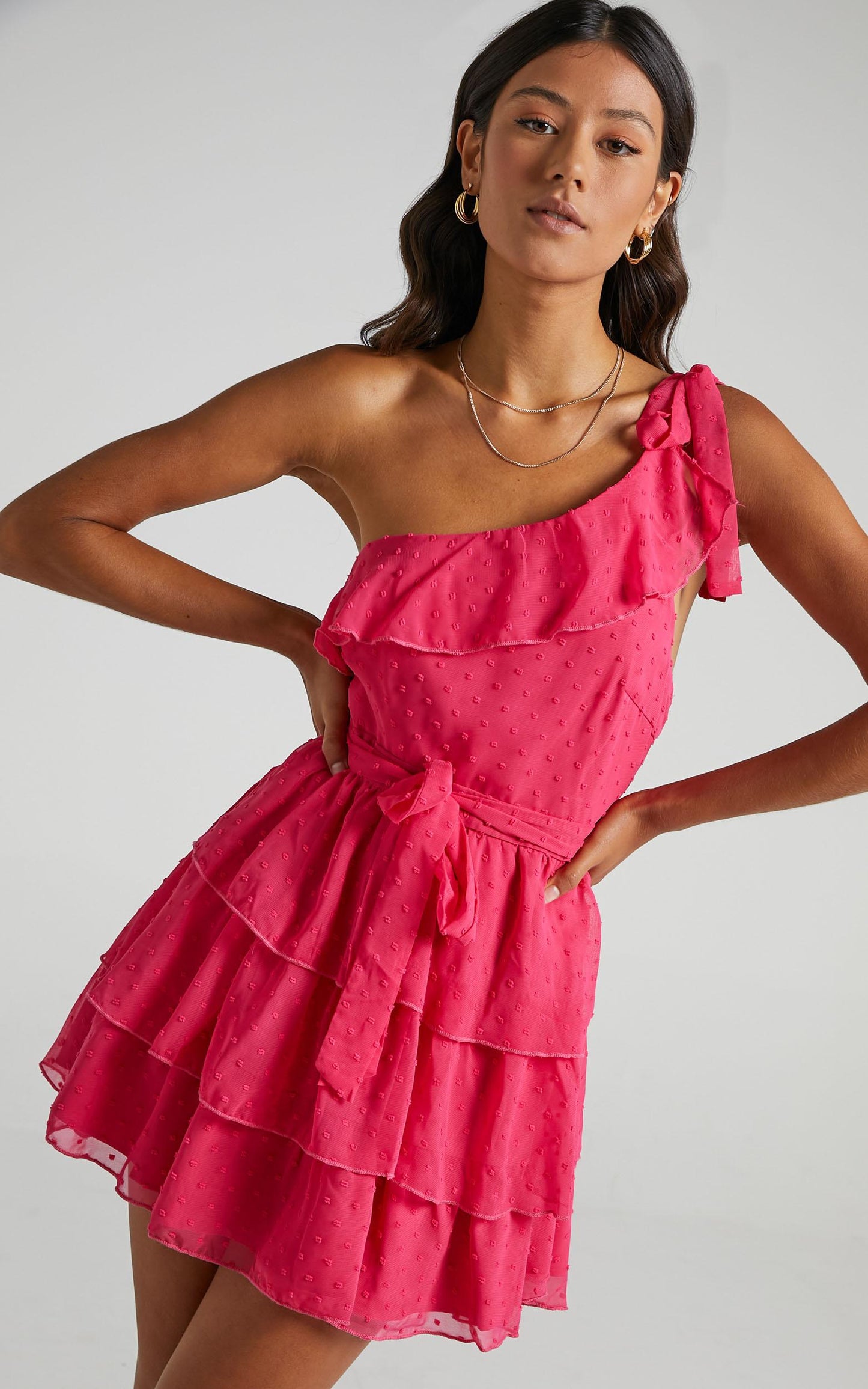 Darling I Am A Daydream Mini Dress - One Shoulder Ruffle Dress in Hot Pink