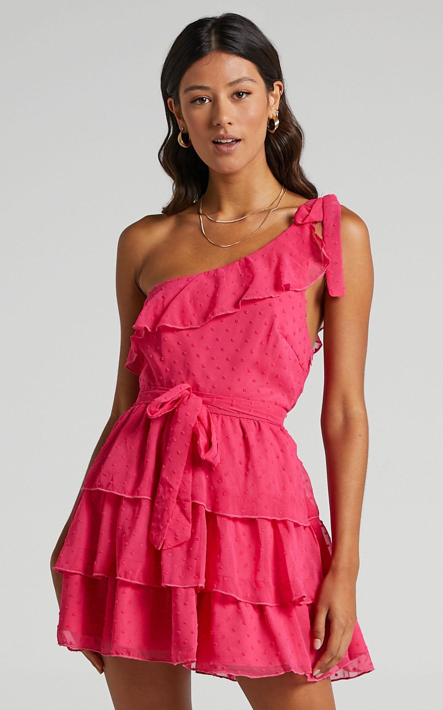 Darling I Am A Daydream Mini Dress - One Shoulder Ruffle Dress in Hot Pink