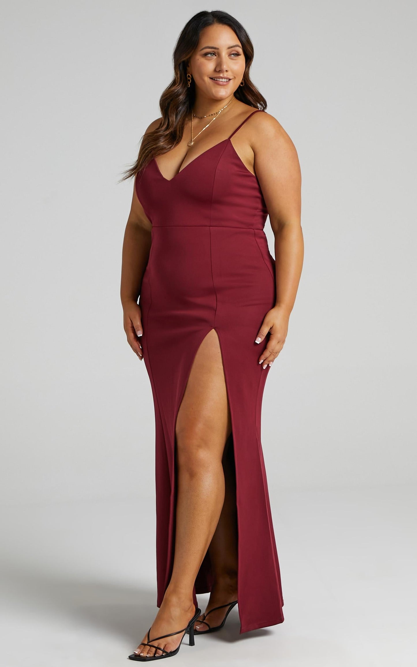Dare To Dream Midi Dress - Plunge Neck Thigh Split Dress in Wine