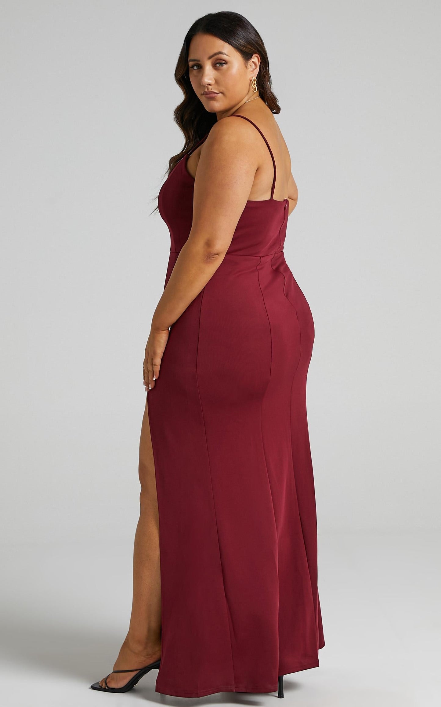 Dare To Dream Midi Dress - Plunge Neck Thigh Split Dress in Wine