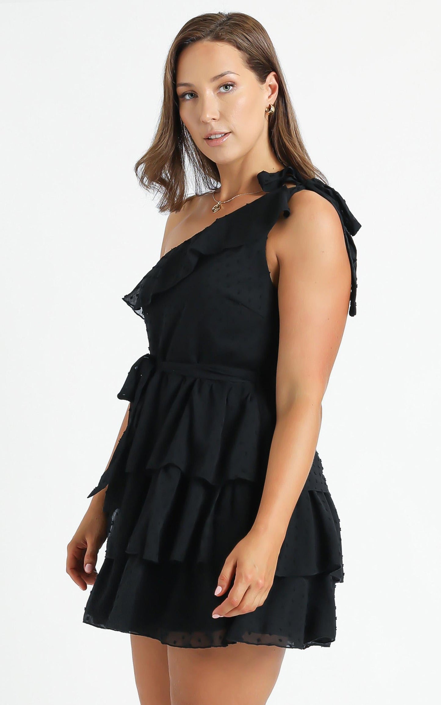 Darling I Am A Daydream One Shoulder Ruffle Mini Dress in Black