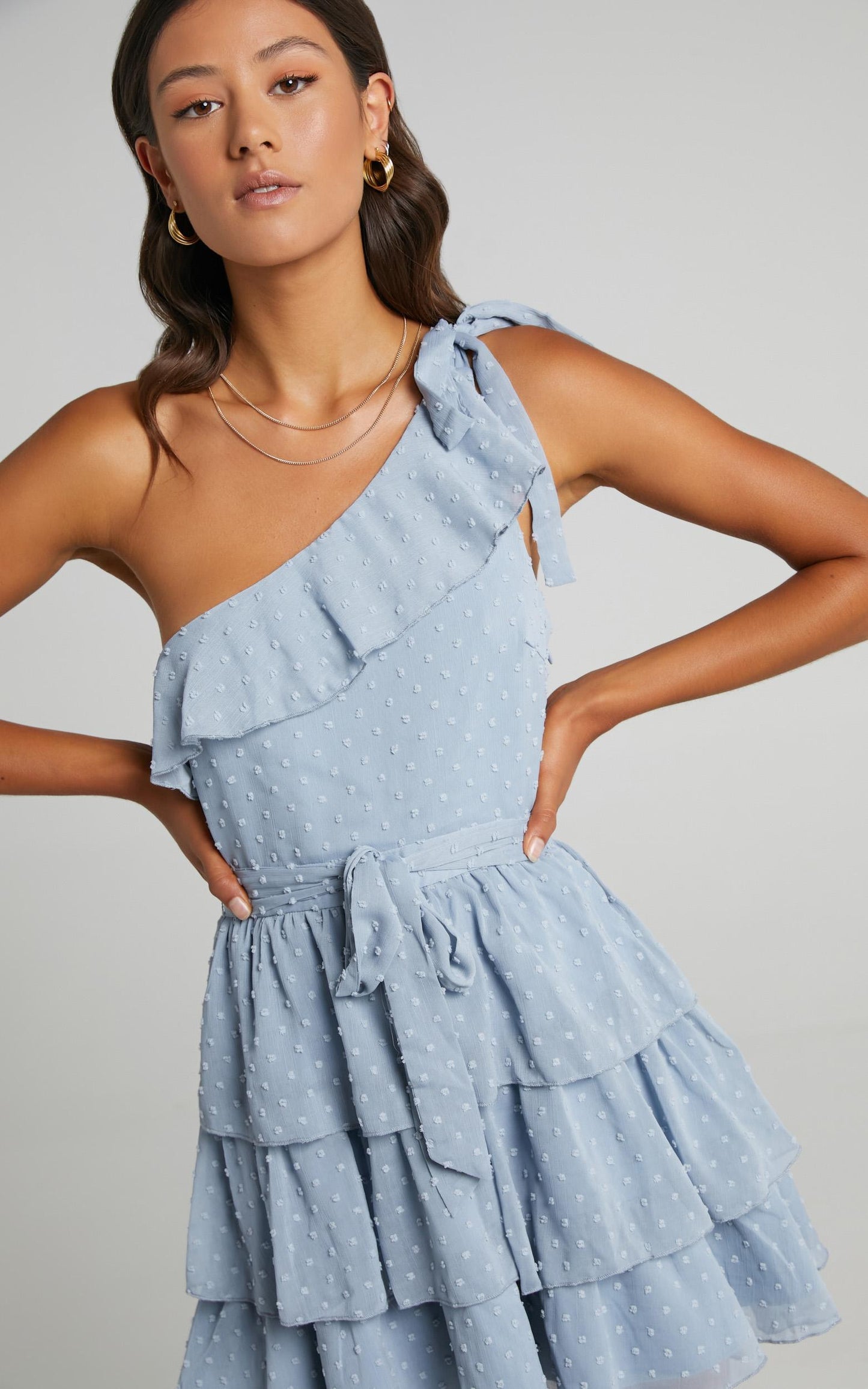 Darling I Am A Daydream Mini Dress - One Shoulder Ruffle Dress in Powder Blue