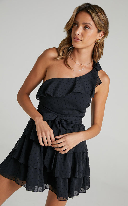 Darling I Am A Daydream One Shoulder Ruffle Mini Dress in Black
