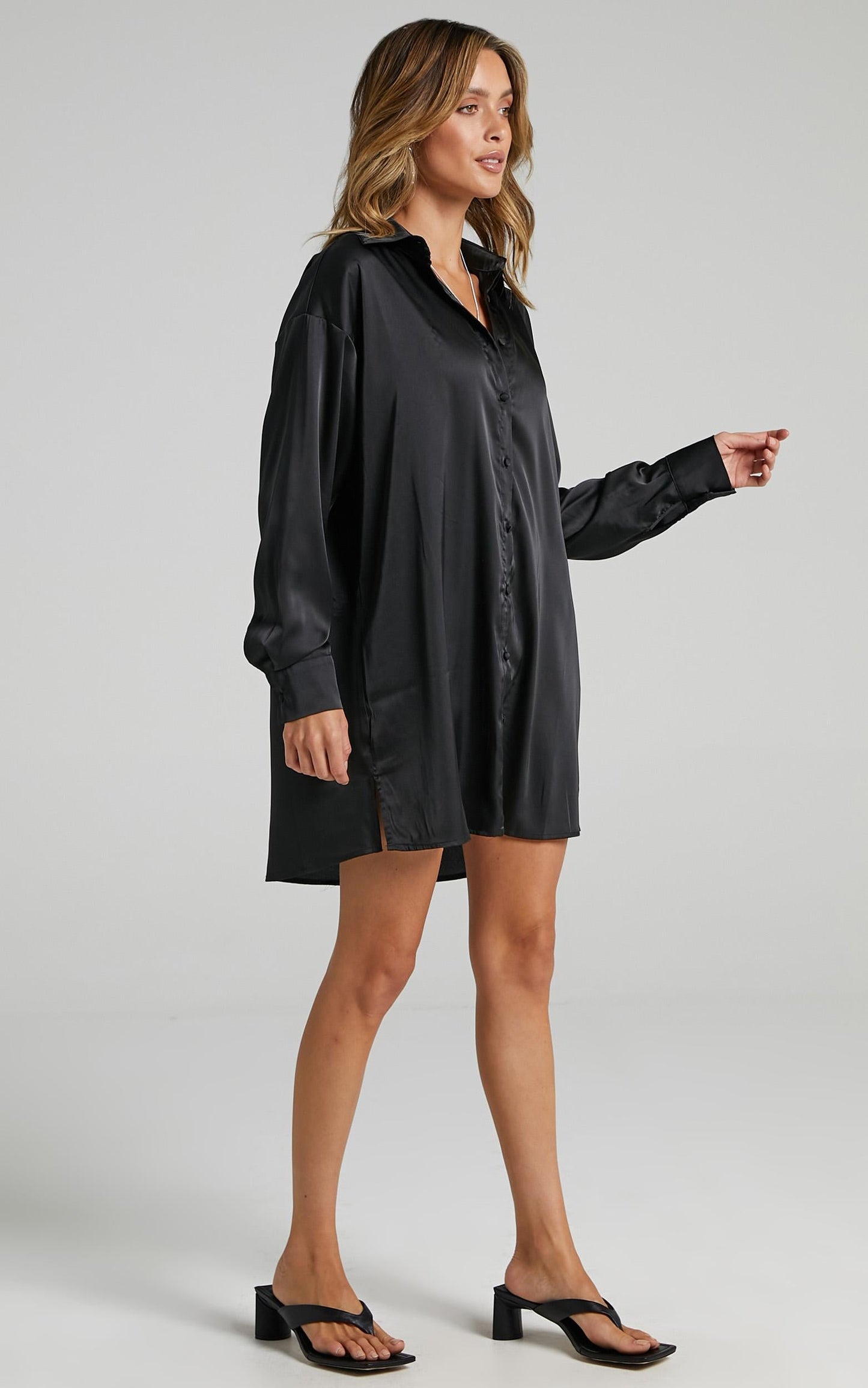 Desiree Shirt Dress in Black Satin