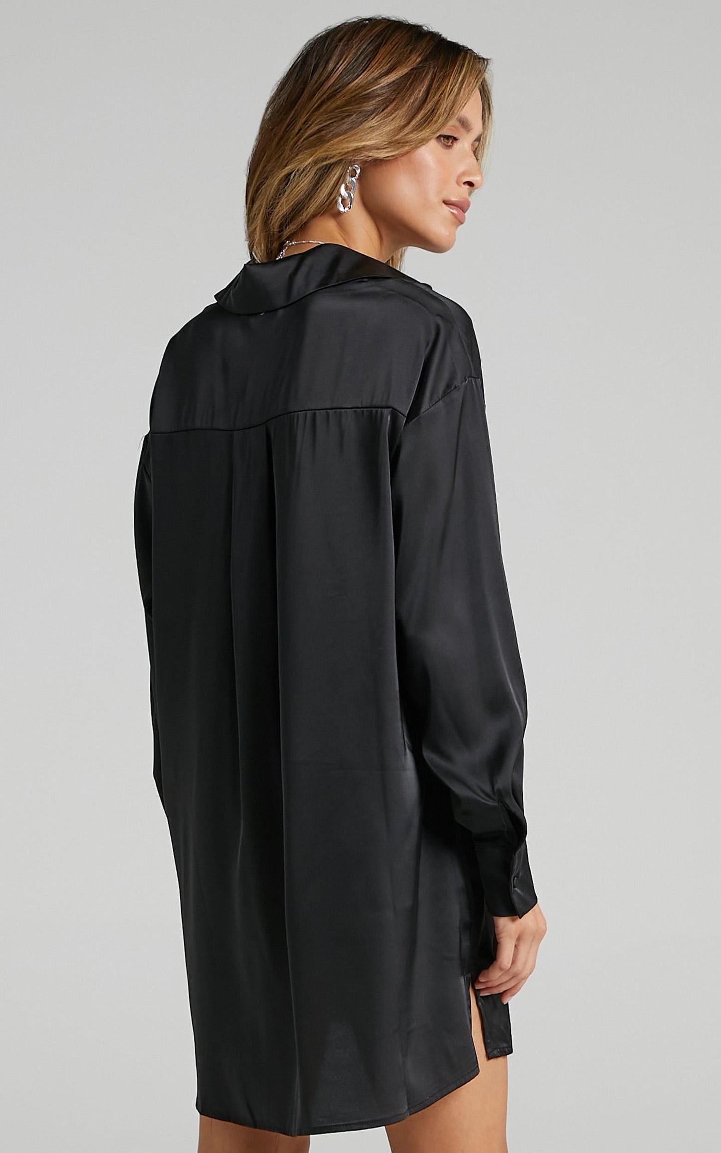 Desiree Shirt Dress in Black Satin
