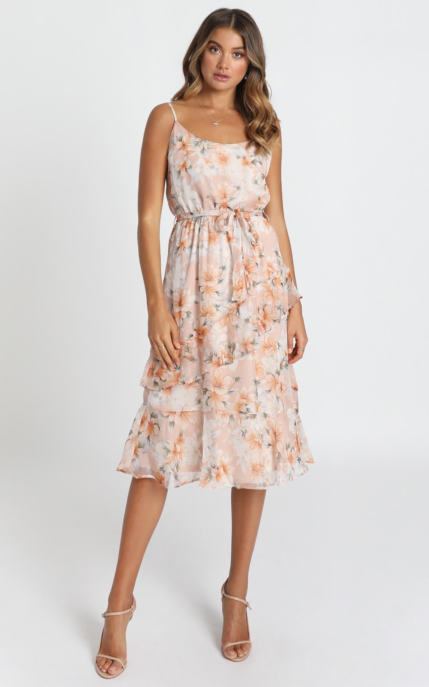 Dinah Frill Detail Midi Dress In Blush Floral
