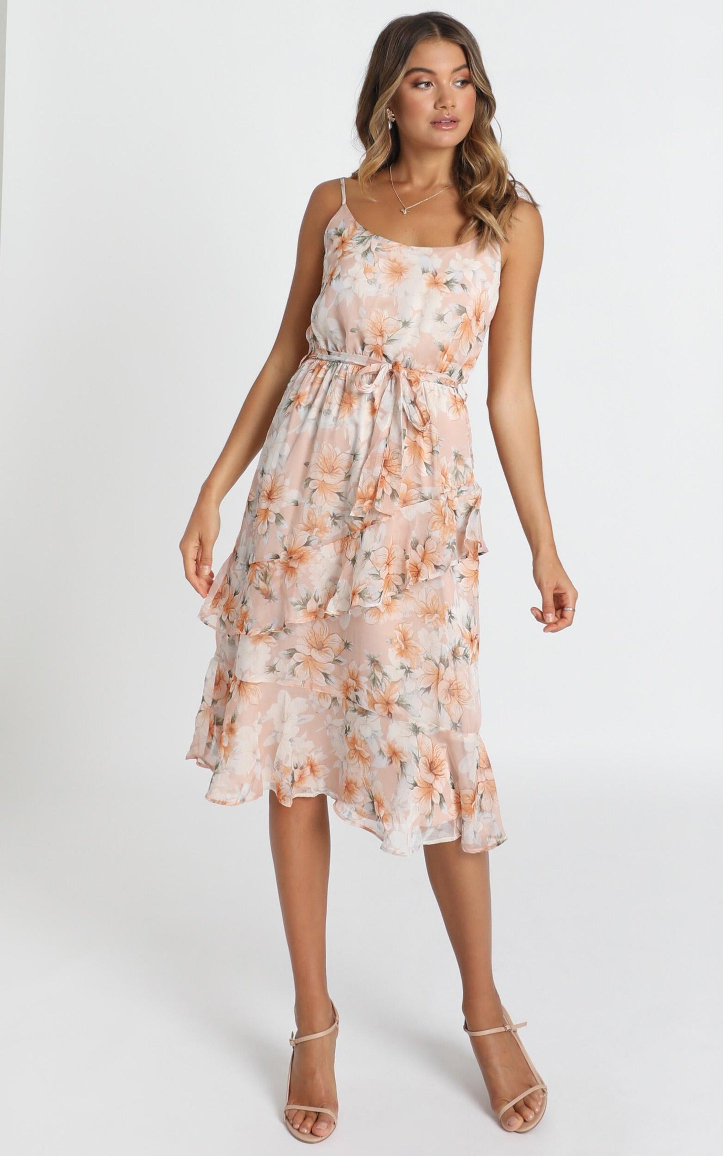 Dinah Frill Detail Midi Dress In Blush Floral