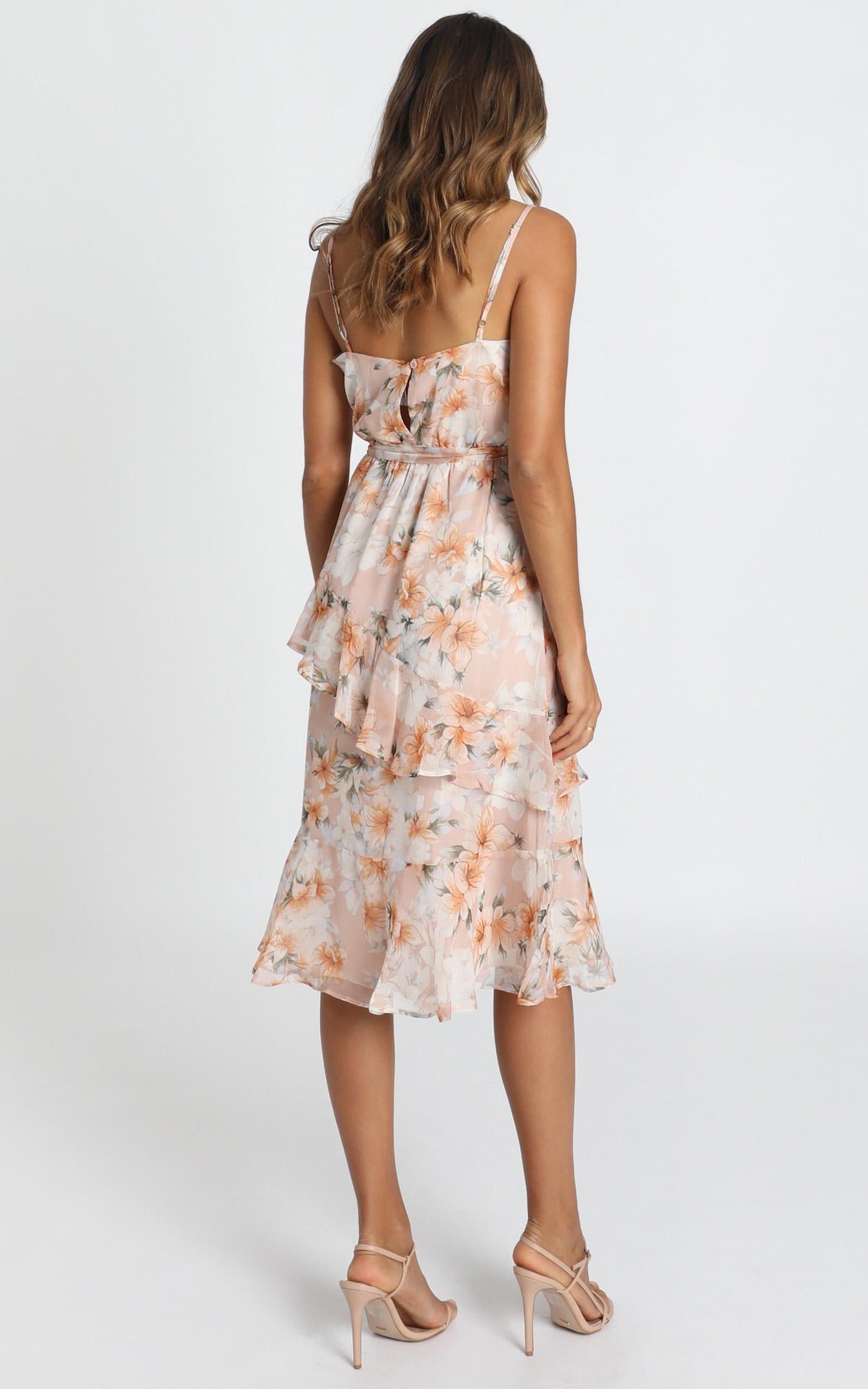 Dinah Frill Detail Midi Dress In Blush Floral