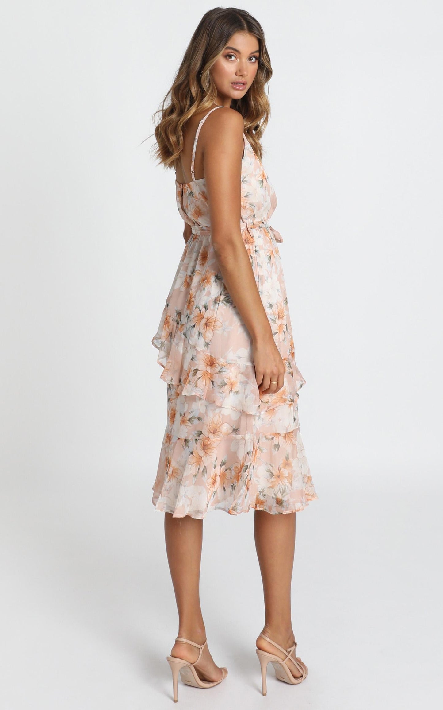 Dinah Frill Detail Midi Dress In Blush Floral