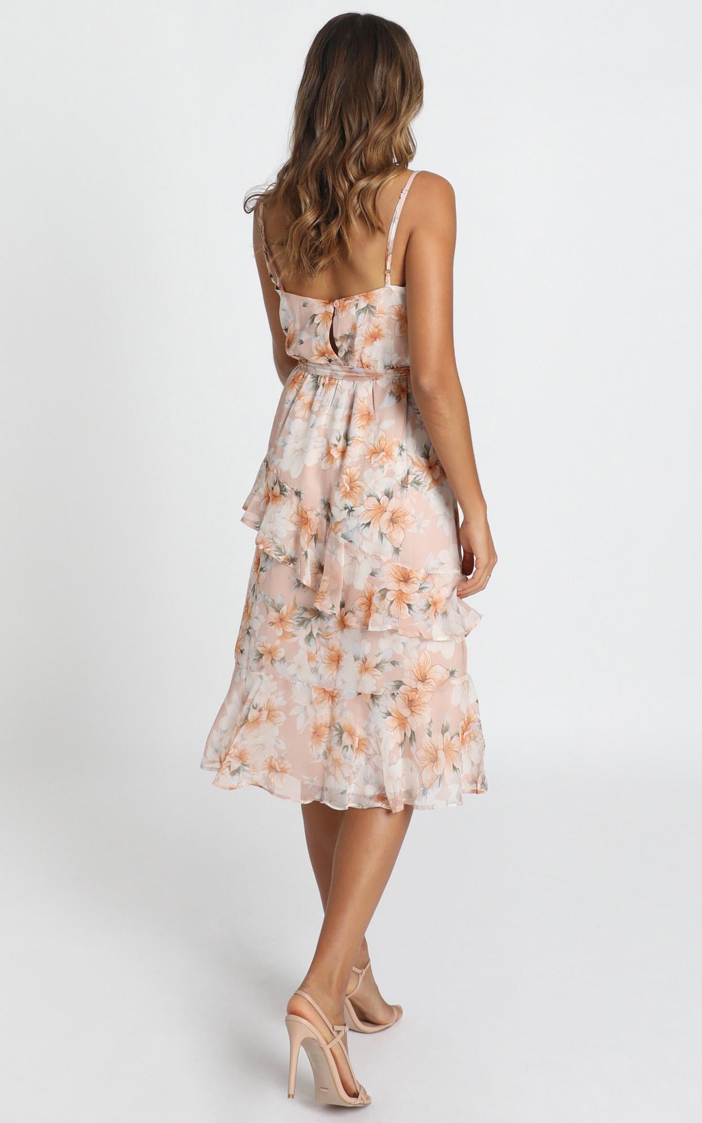 Dinah Frill Detail Midi Dress In Blush Floral
