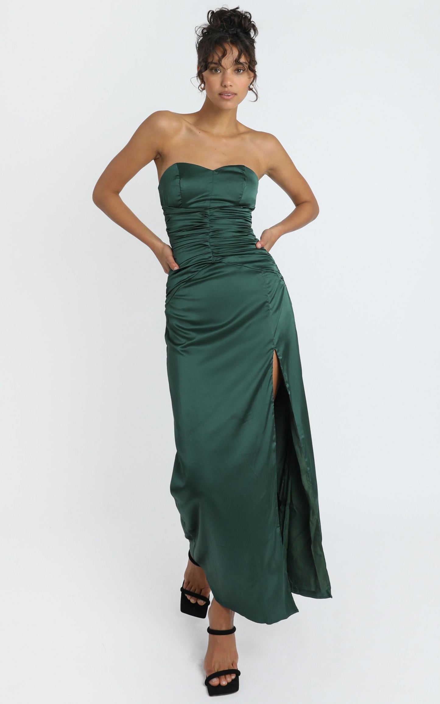 Dominque Ruched Waist Maxi Dress in Emerald Satin