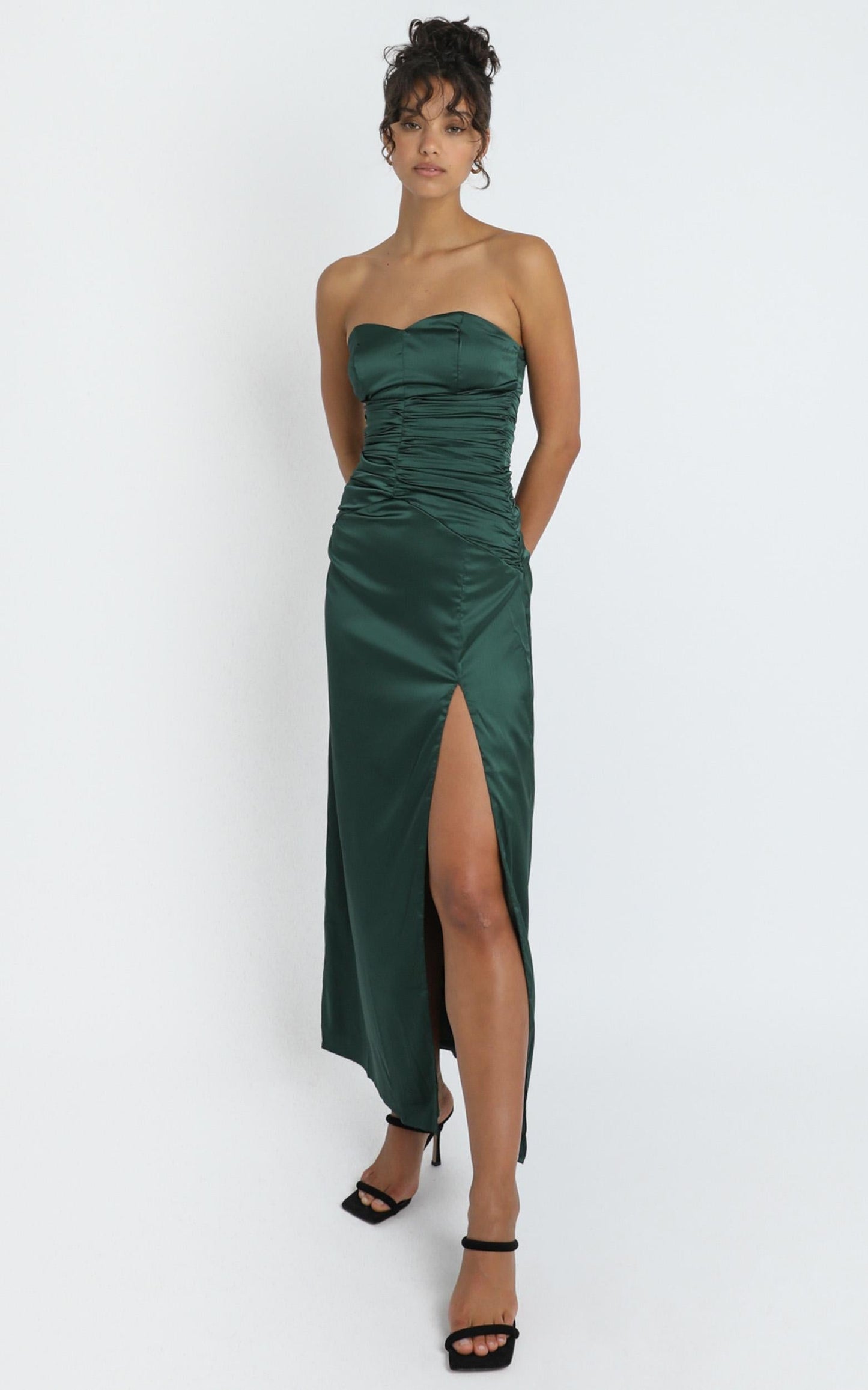 Dominque Ruched Waist Maxi Dress in Emerald Satin