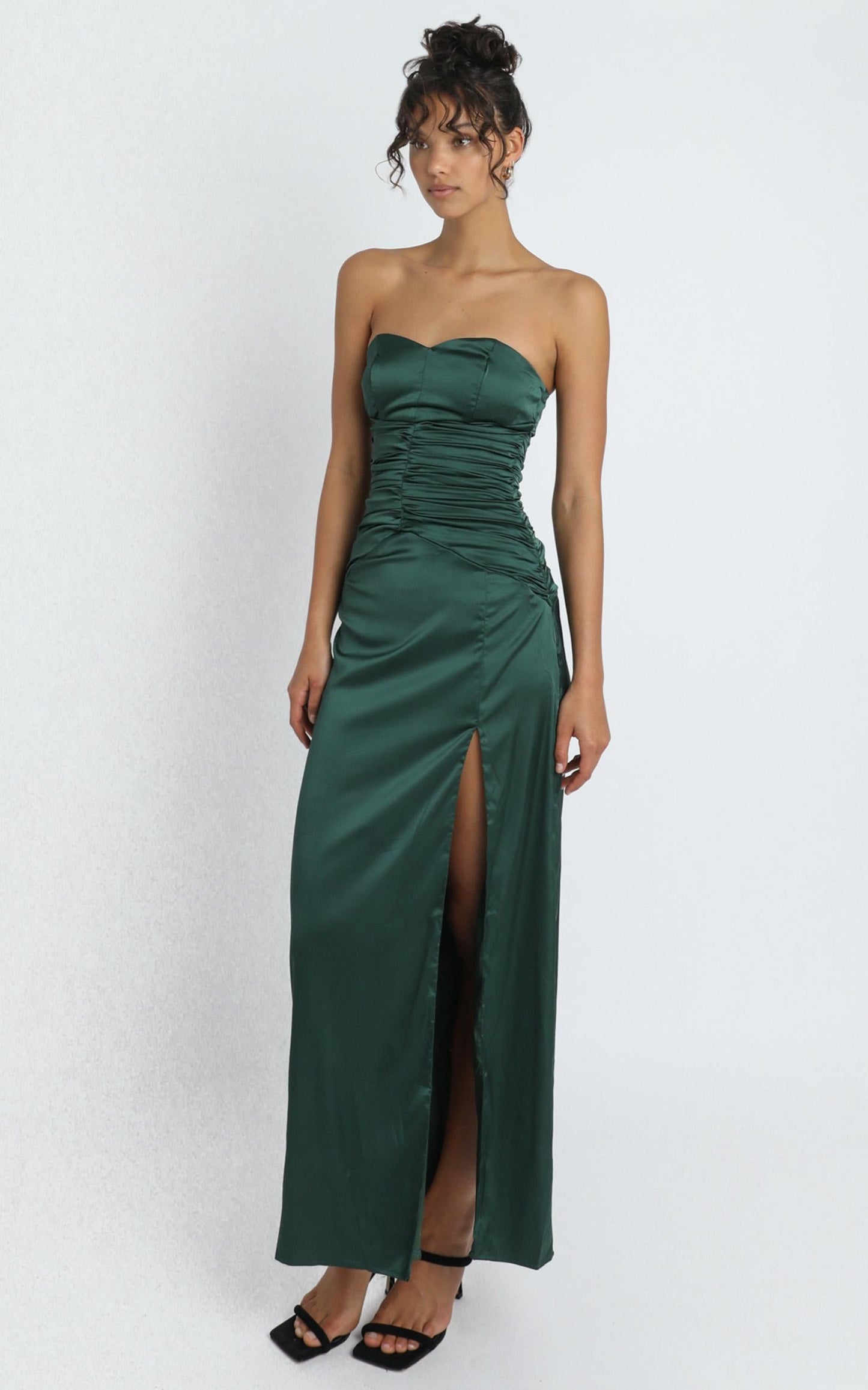 Dominque Ruched Waist Maxi Dress in Emerald Satin