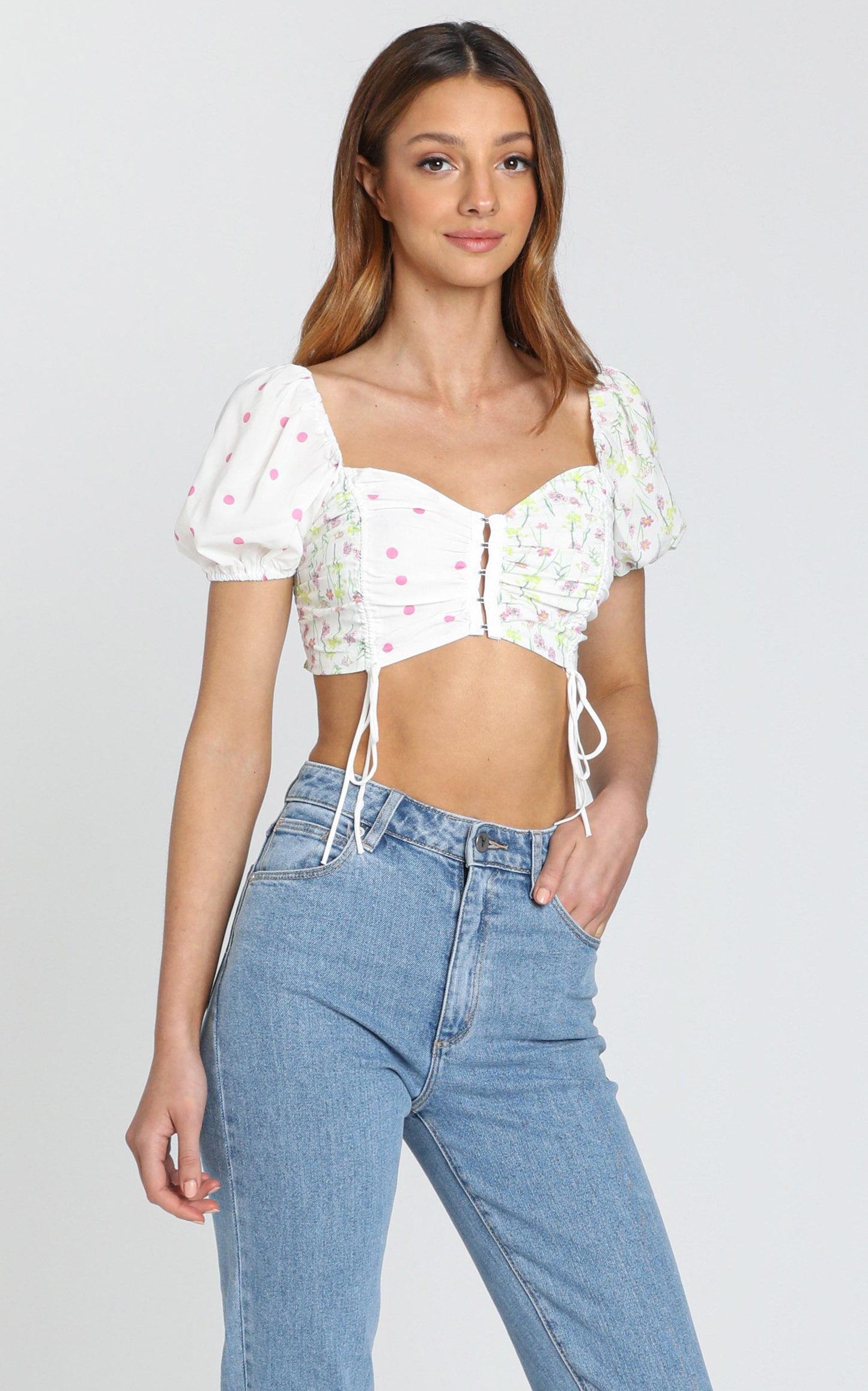 St Tropez Crop Top in White Floral