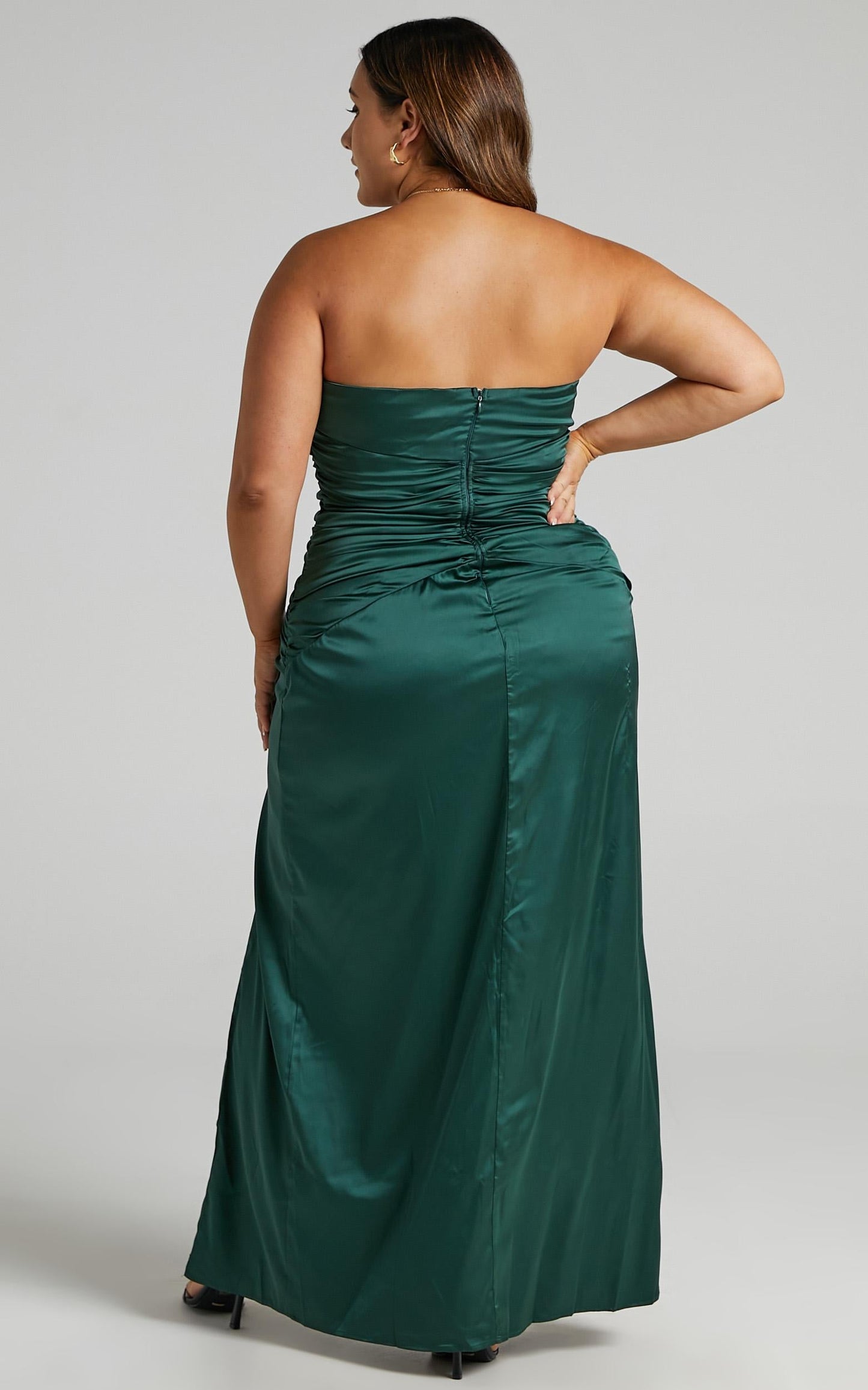 Dominque Ruched Waist Maxi Dress in Emerald Satin
