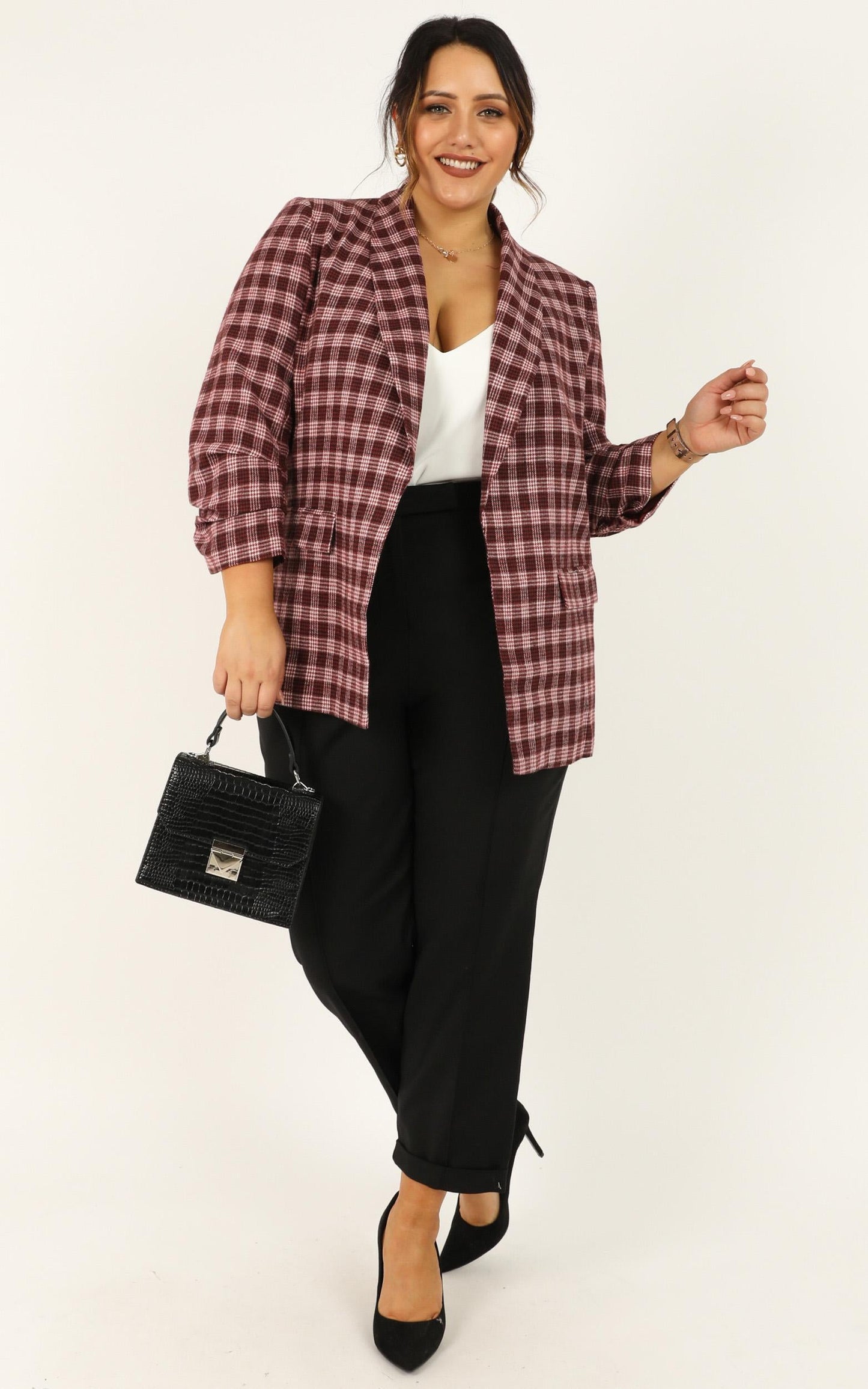 Late To Work Blazer In Wine Check