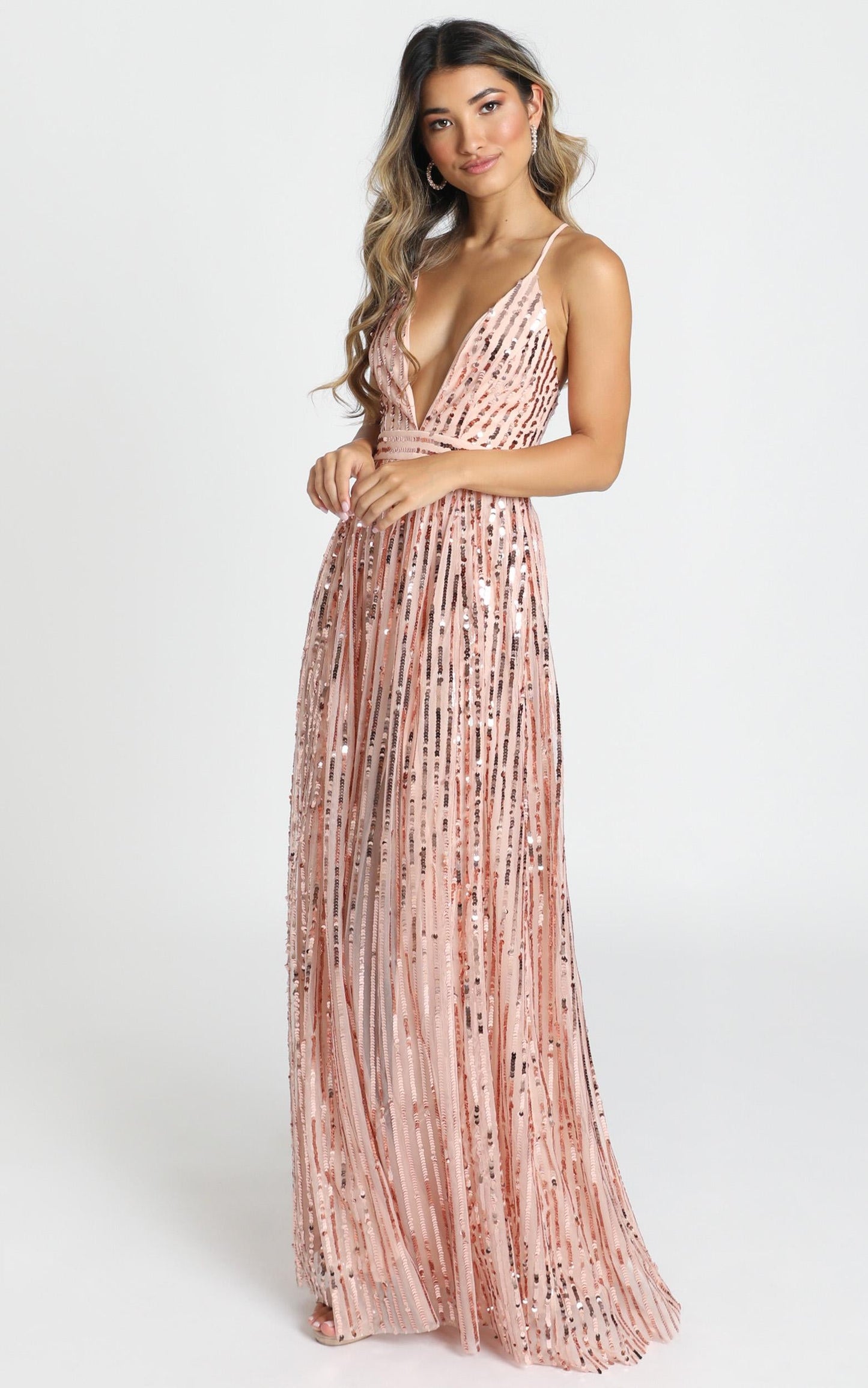 Youre The One Maxi Dress In Rose Gold Sequin