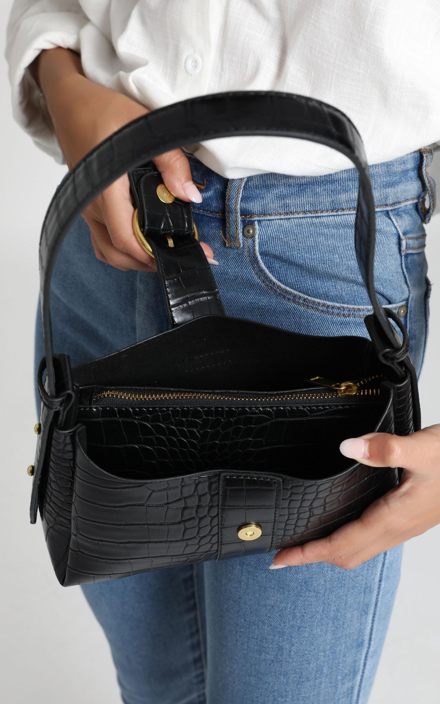 Peta And Jain - Raquel Shoulder Bag In Black Croc
