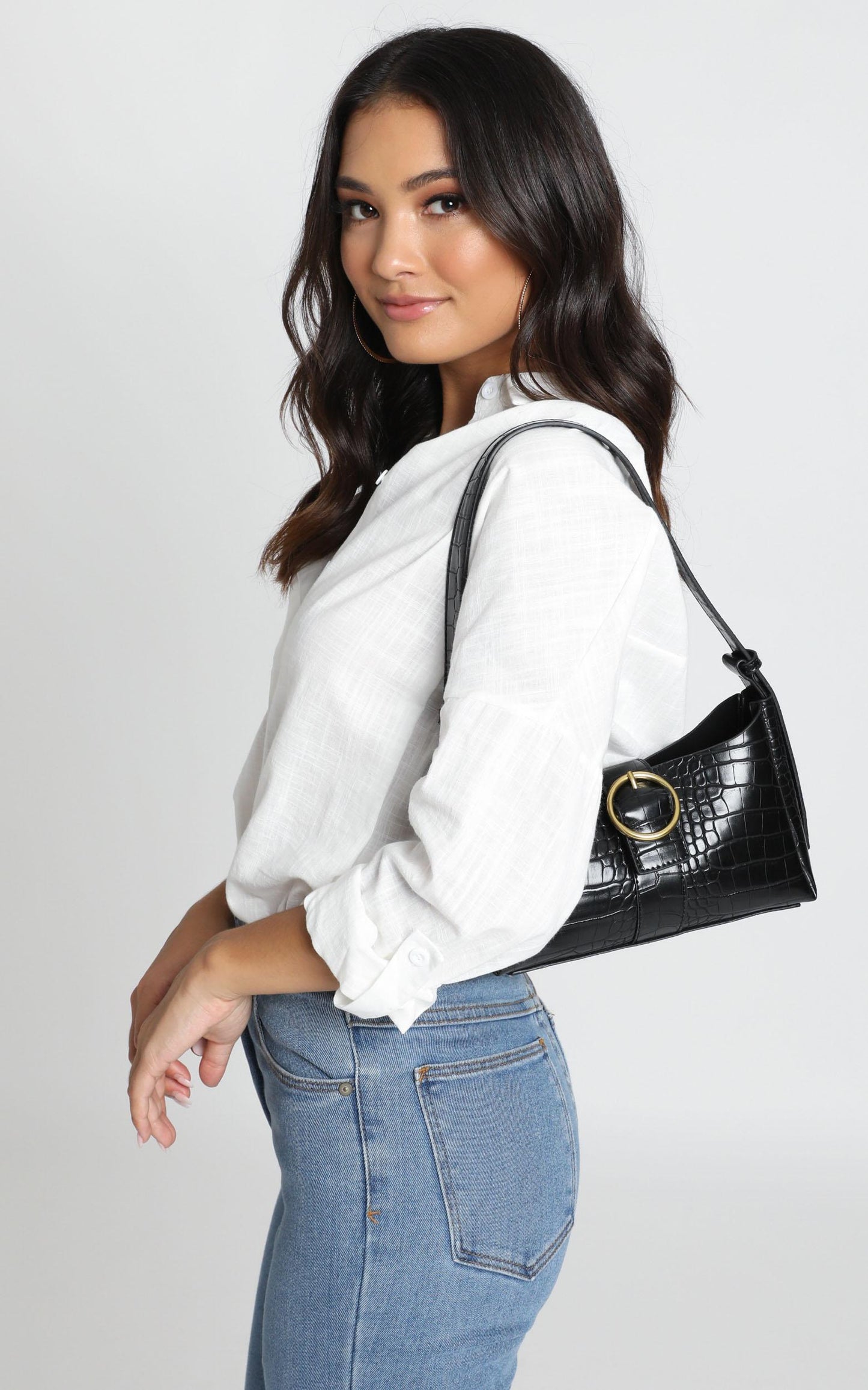 Peta And Jain - Raquel Shoulder Bag In Black Croc