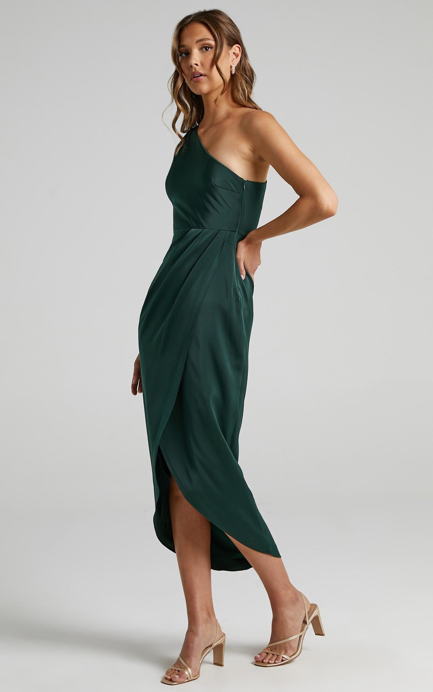 Felt So Happy Midi Dress - One Shoulder Drape Dress in Emerald