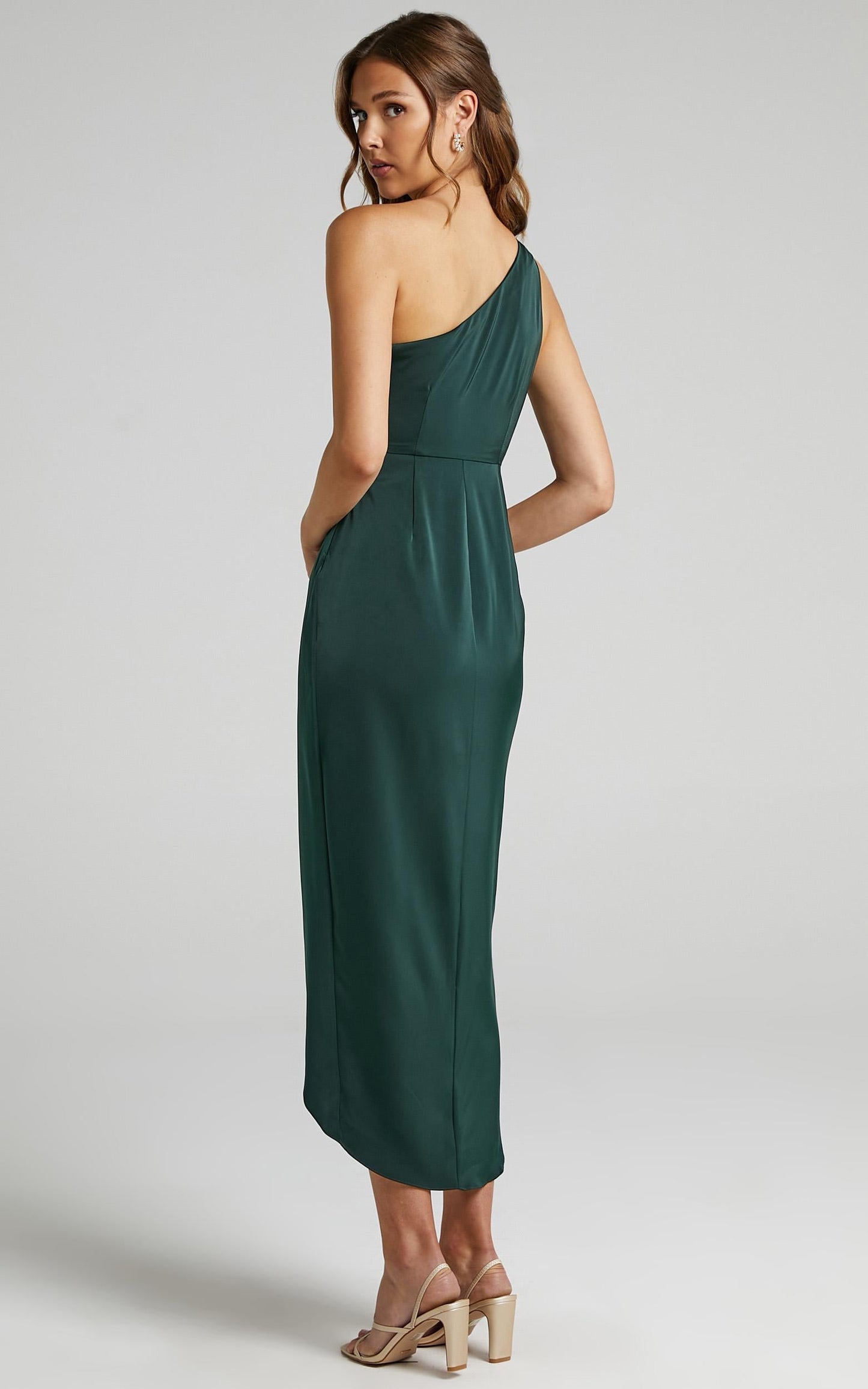 Felt So Happy Midi Dress - One Shoulder Drape Dress in Emerald