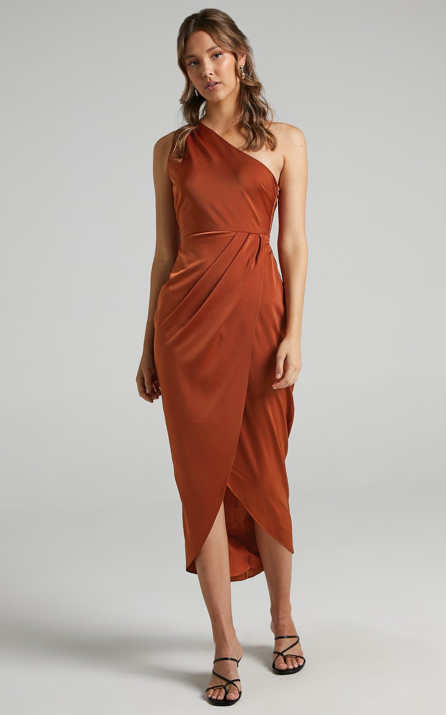 Felt So Happy Midi Dress - One Shoulder Drape Dress in Copper