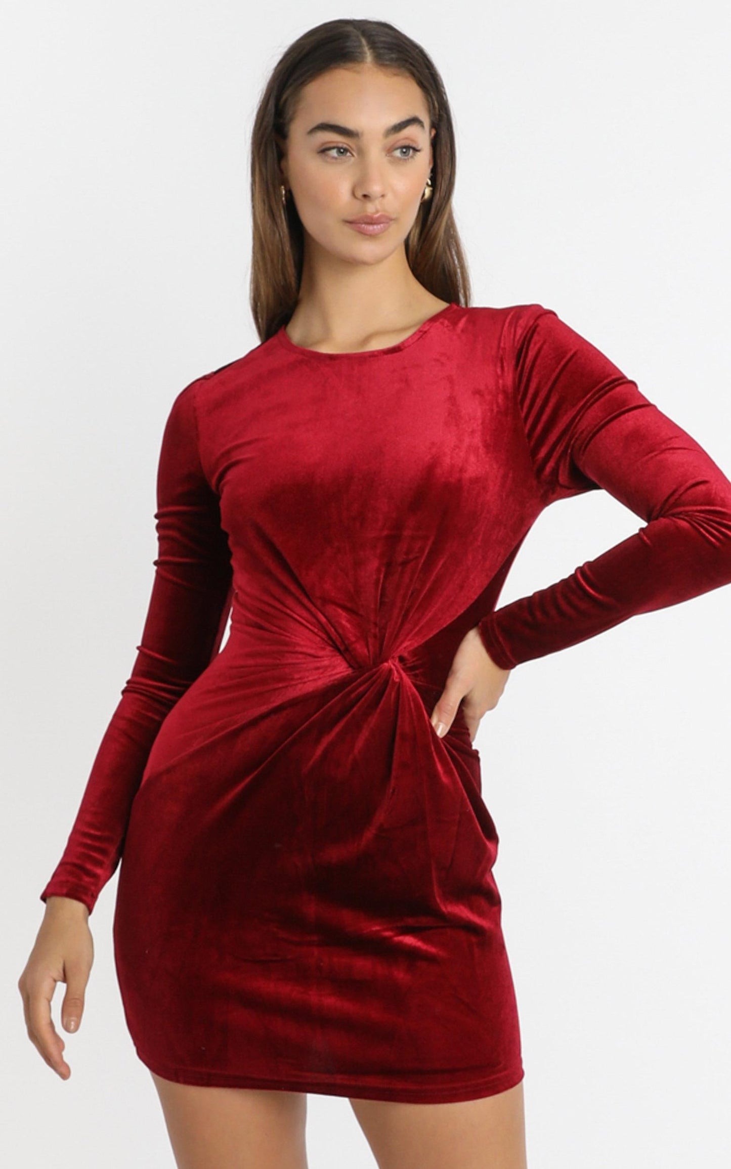 Este Twist Waist Mini Dress in wine velvet