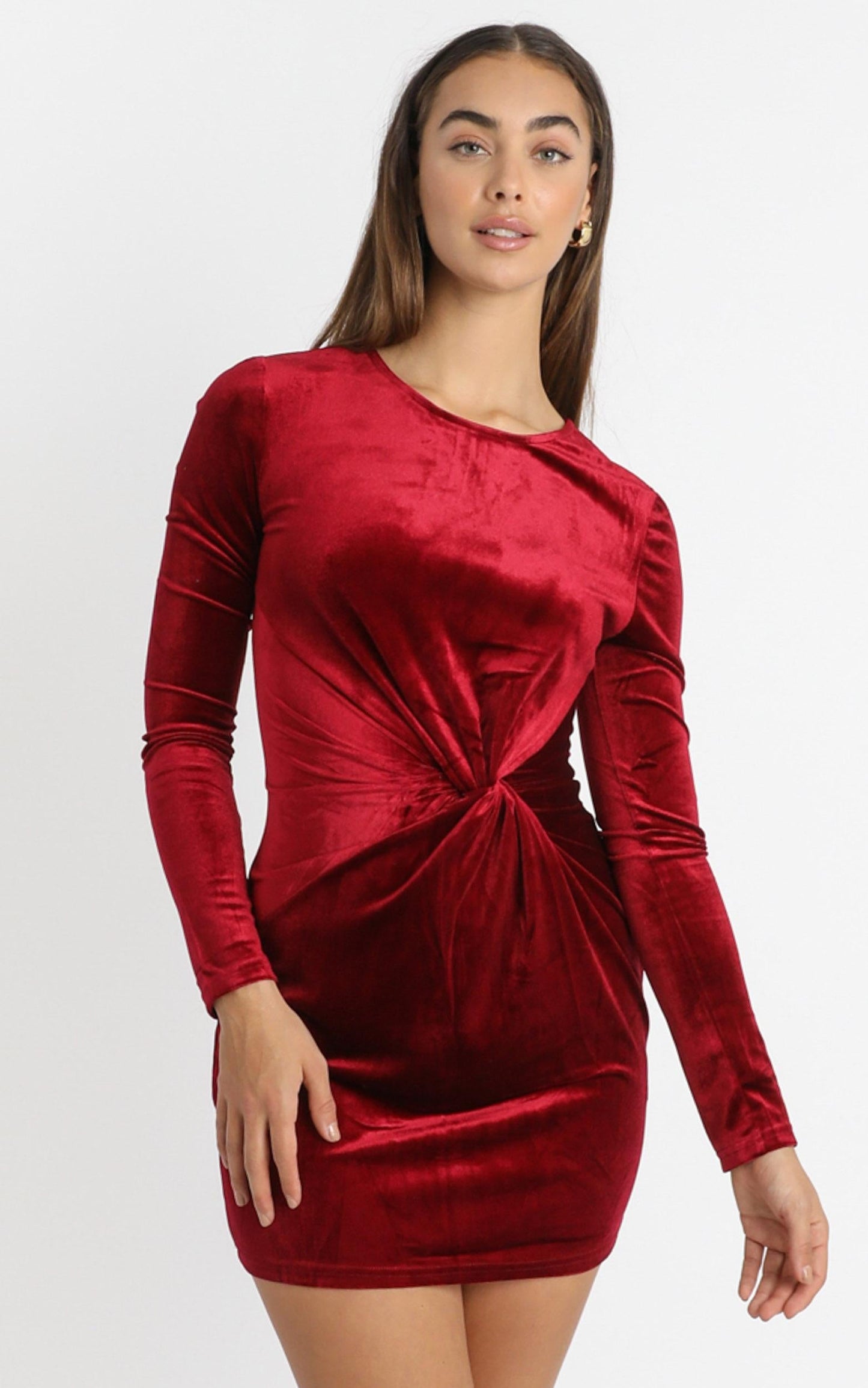 Este Twist Waist Mini Dress in wine velvet