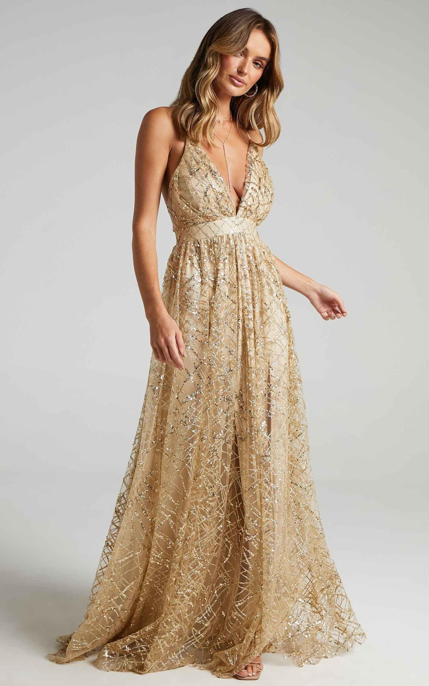 Eternal Sunshine Maxi Dress - Cross Back Plunge Neck Dress in Gold Sequin Tulle
