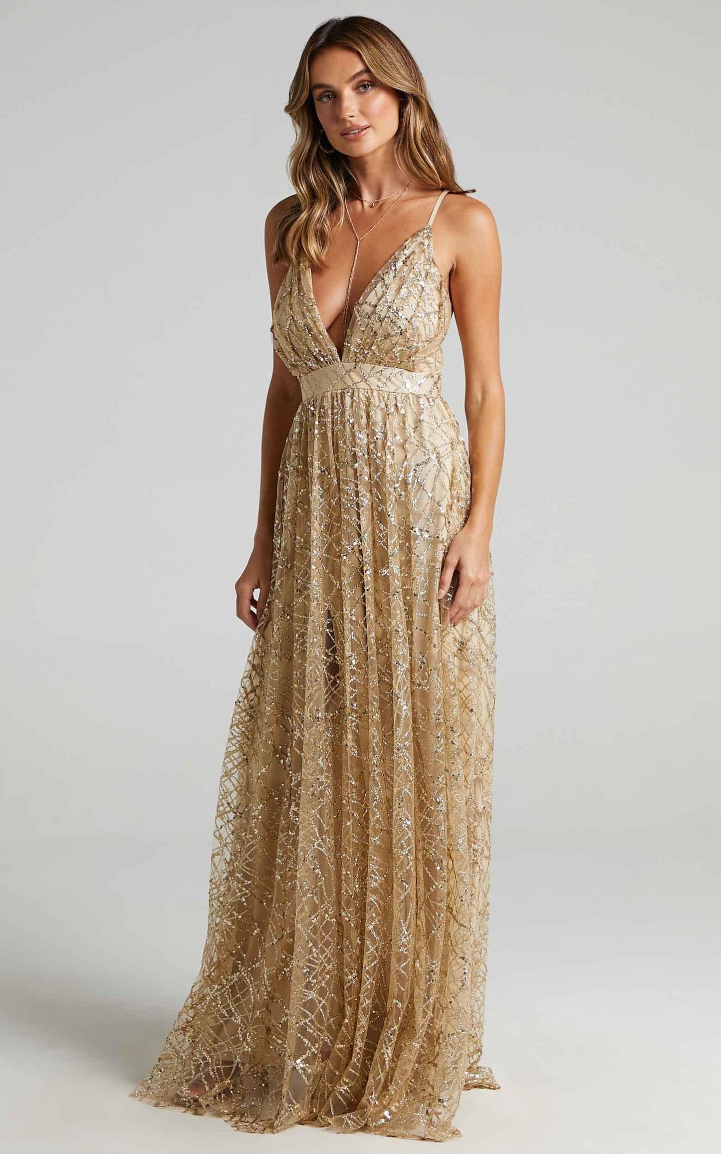 Eternal Sunshine Maxi Dress - Cross Back Plunge Neck Dress in Gold Sequin Tulle