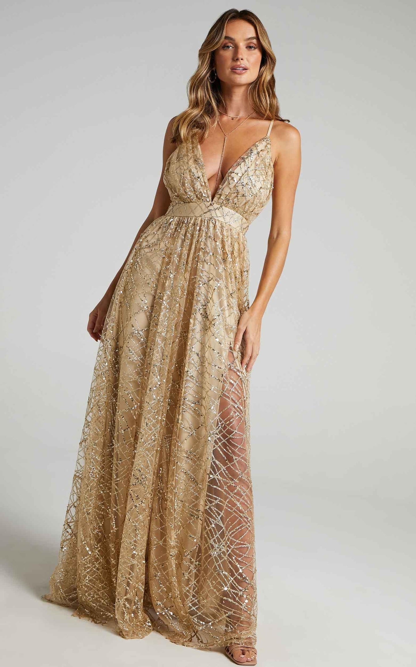 Eternal Sunshine Maxi Dress - Cross Back Plunge Neck Dress in Gold Sequin Tulle