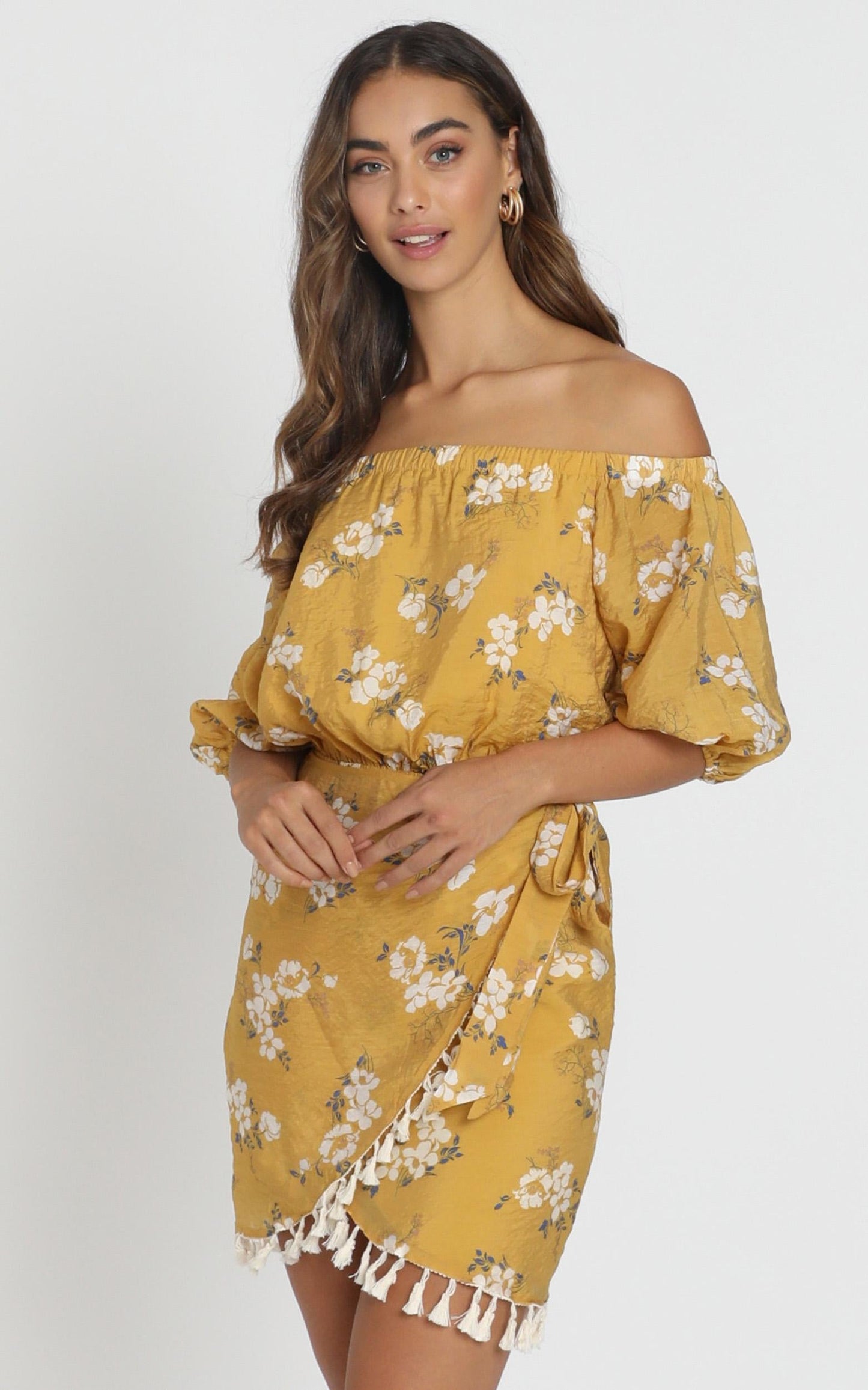 Ettie Bardot Dress in mustard floral