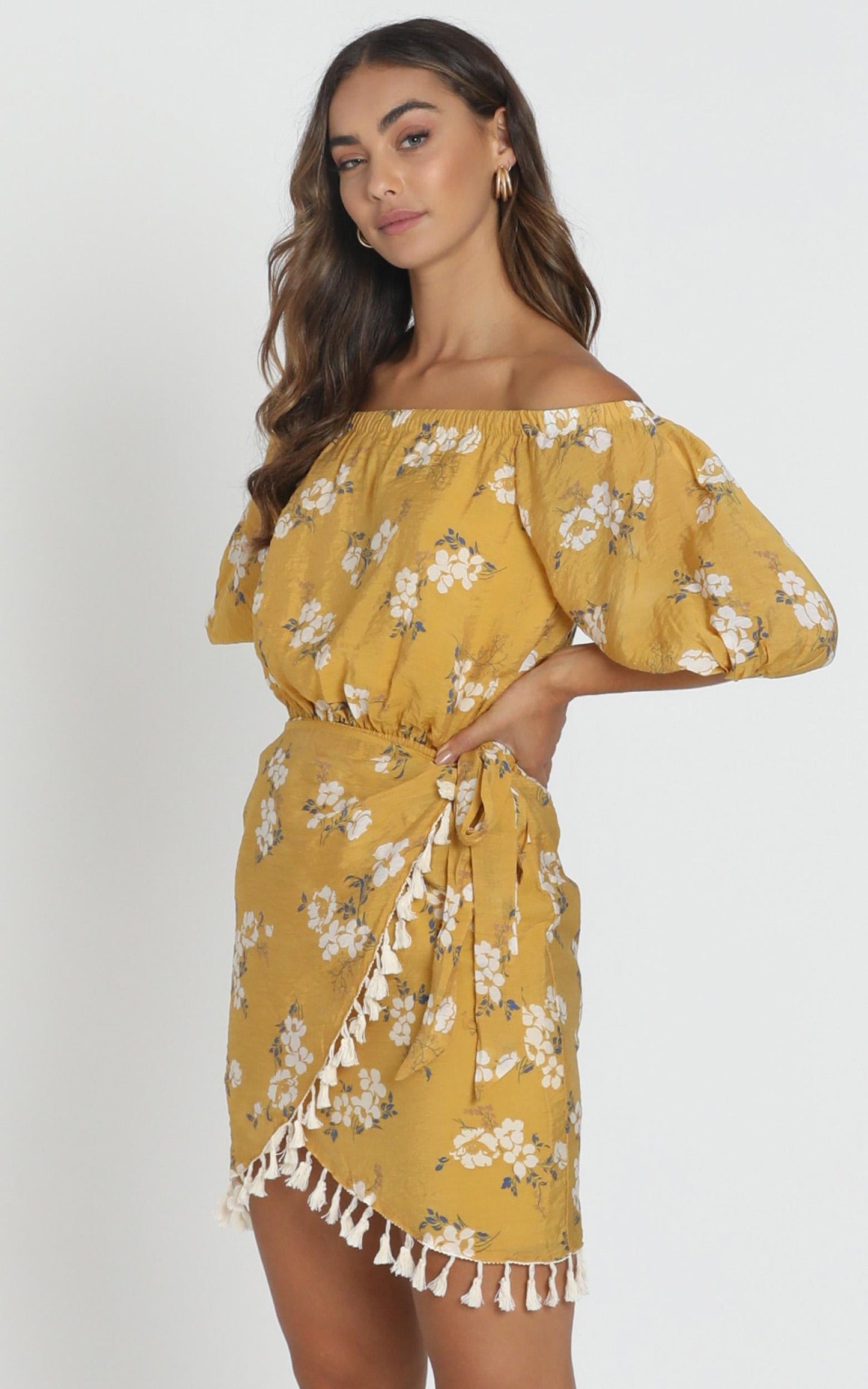 Ettie Bardot Dress in mustard floral