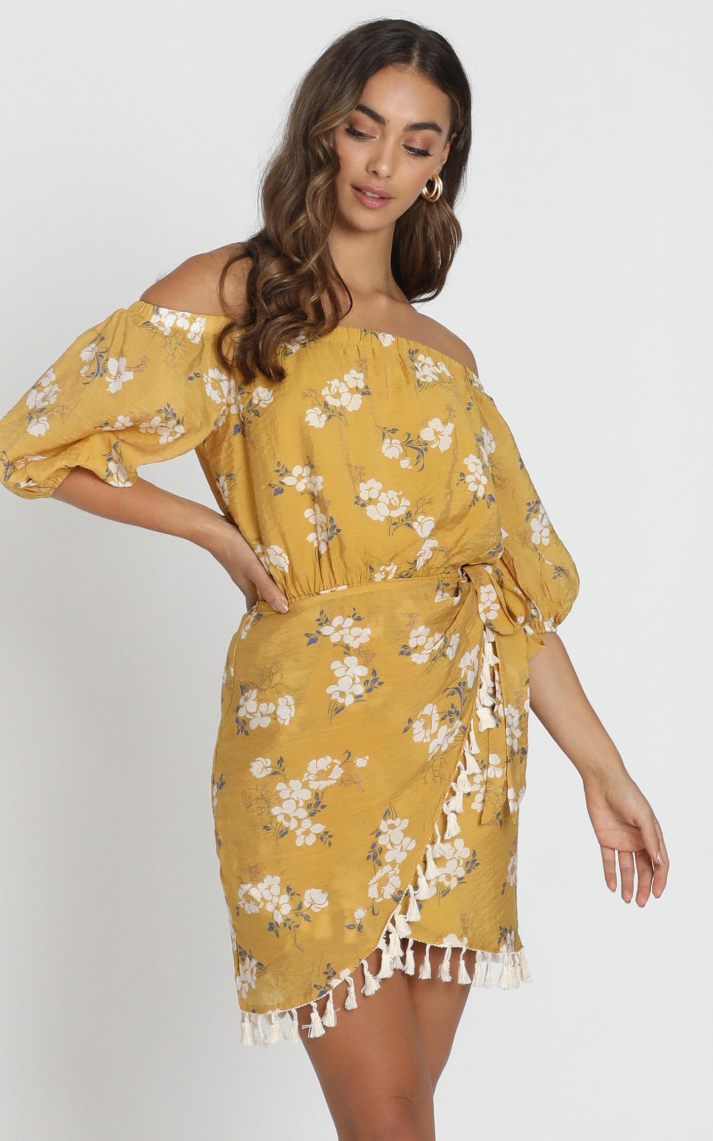 Ettie Bardot Dress in mustard floral
