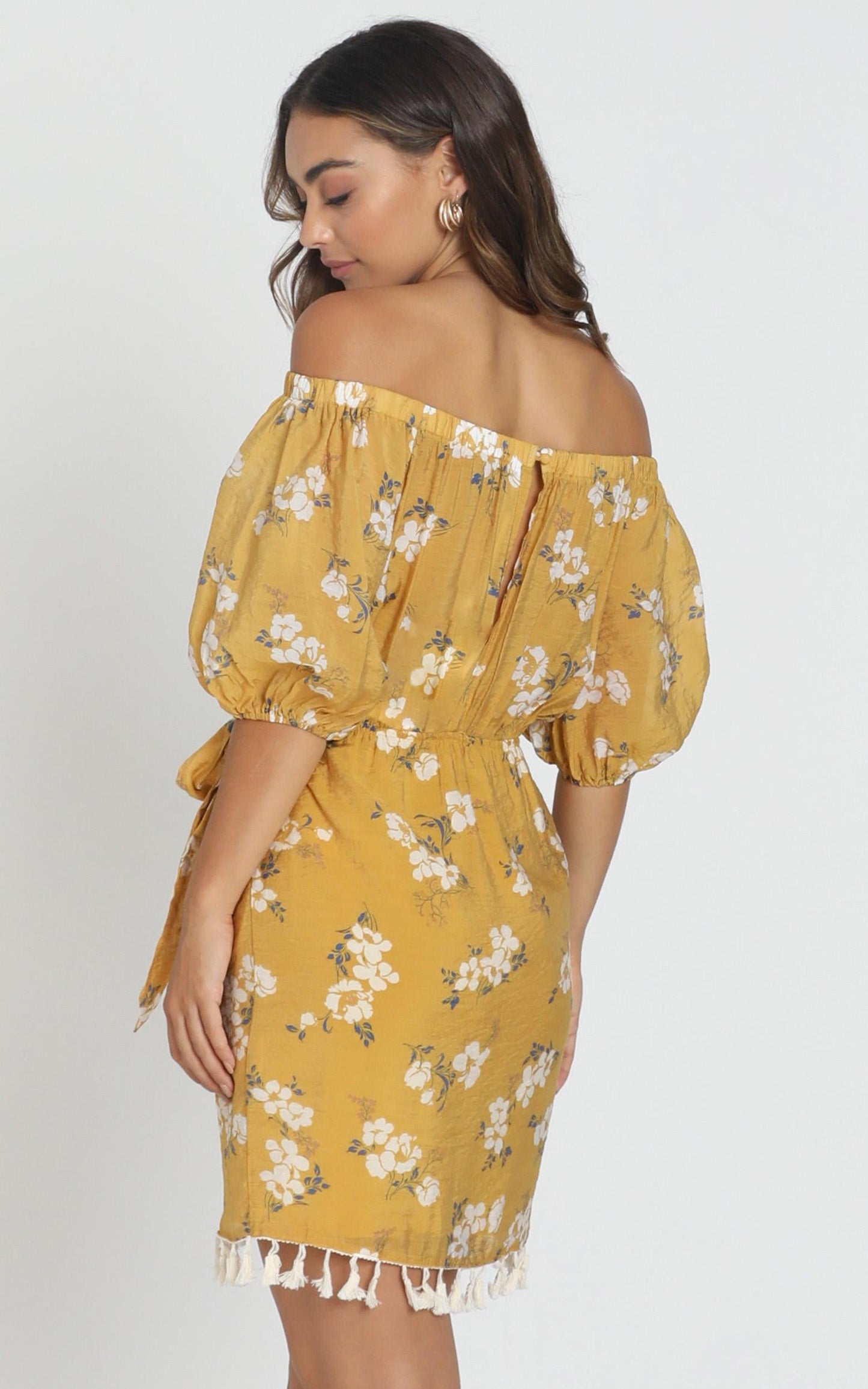 Ettie Bardot Dress in mustard floral