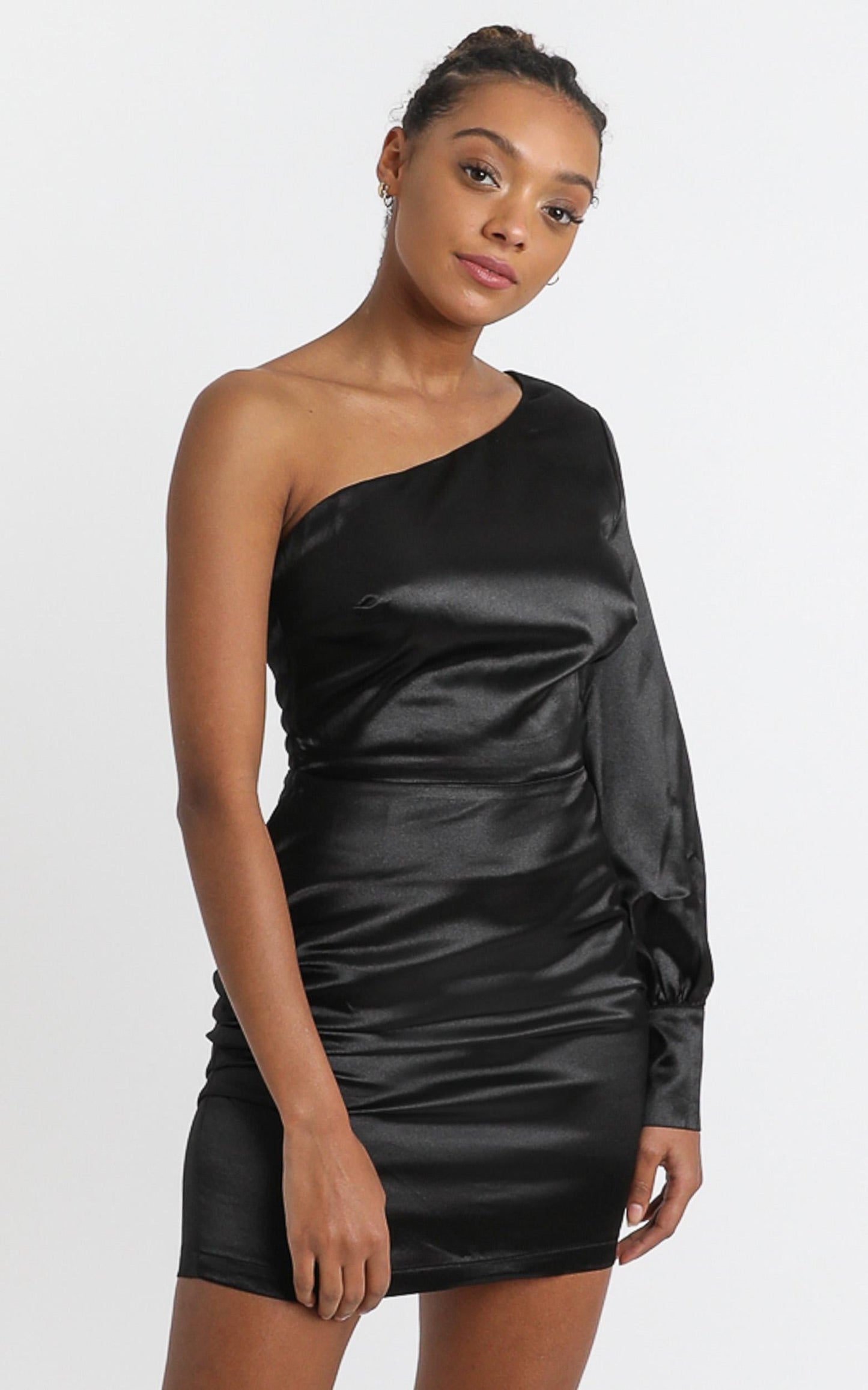 Eve One Shoulder Mini dress in black satin