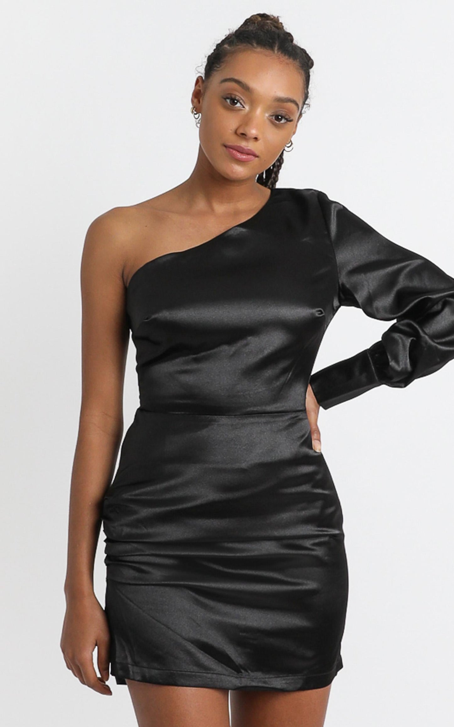 Eve One Shoulder Mini dress in black satin