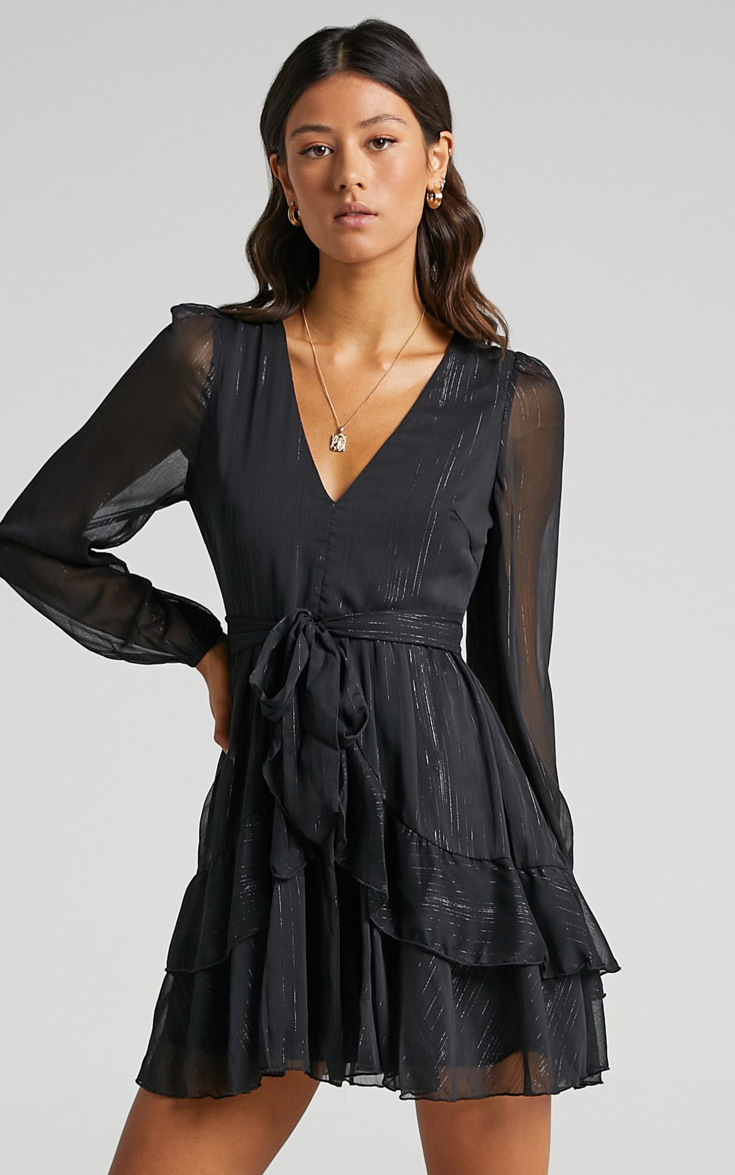 Eyes That Know Me Mini Dress - Long Sleeve Ruffle Dress in Black