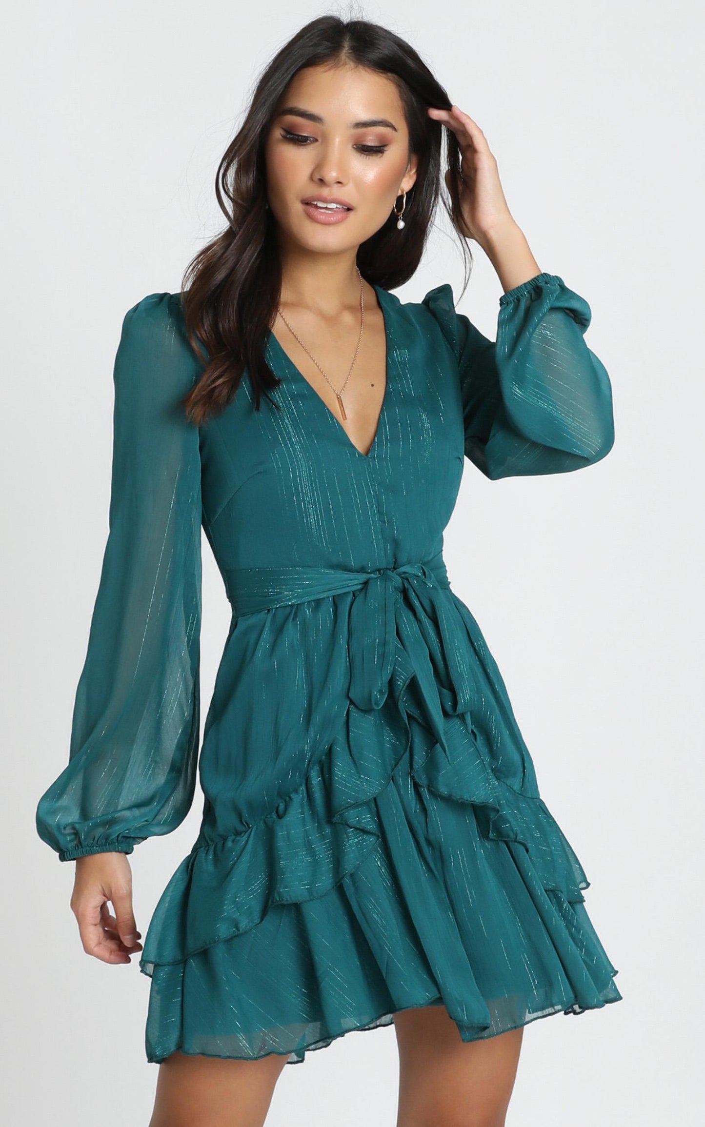 Eyes That Know Me Long Sleeve Ruffle Mini Dress in Teal