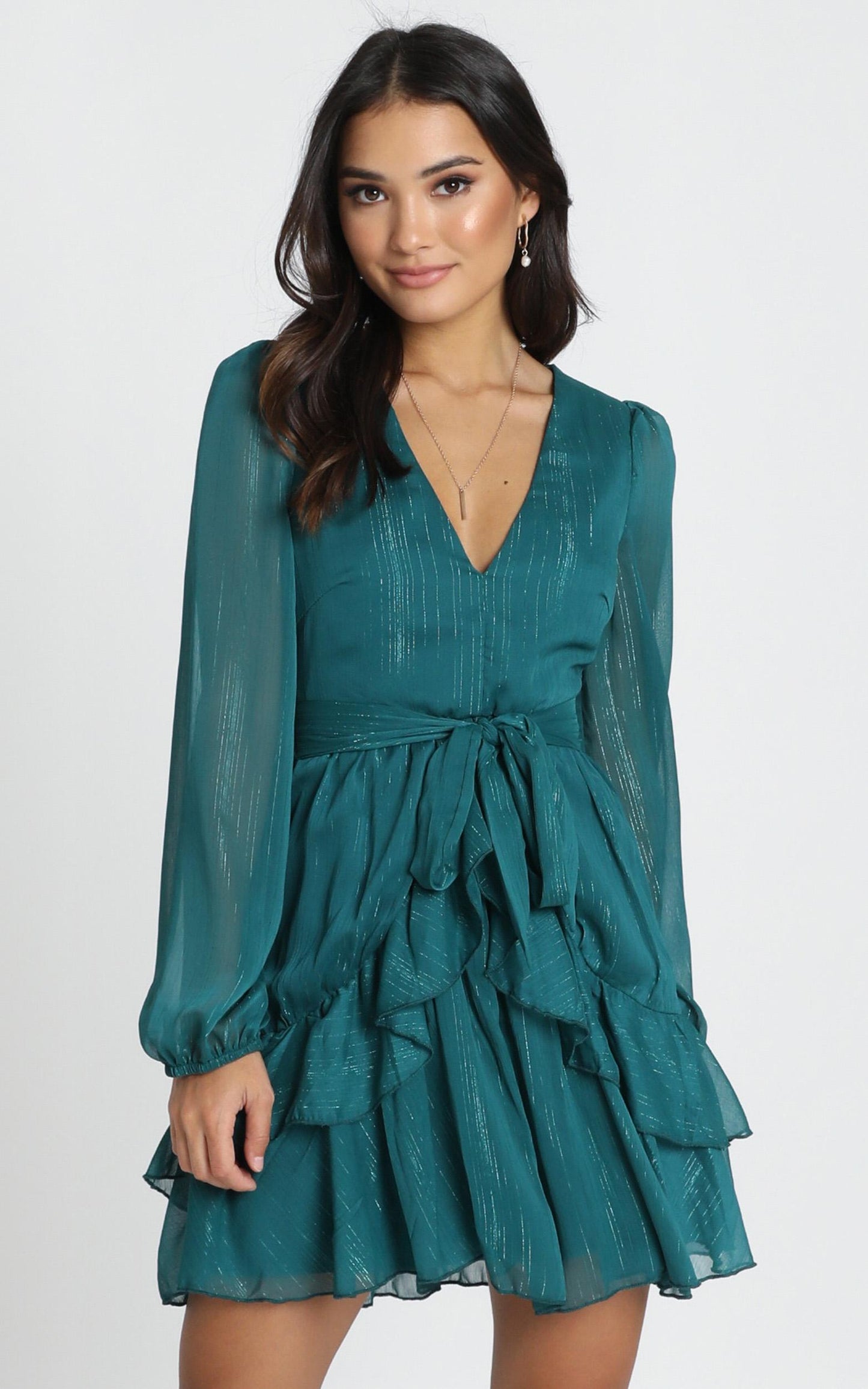 Eyes That Know Me Long Sleeve Ruffle Mini Dress in Teal