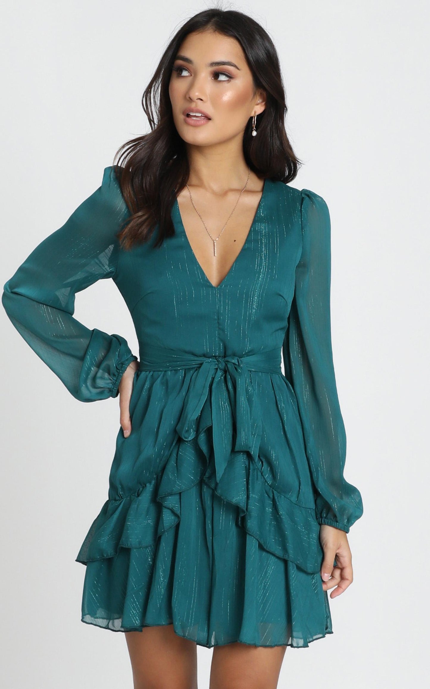 Eyes That Know Me Long Sleeve Ruffle Mini Dress in Teal