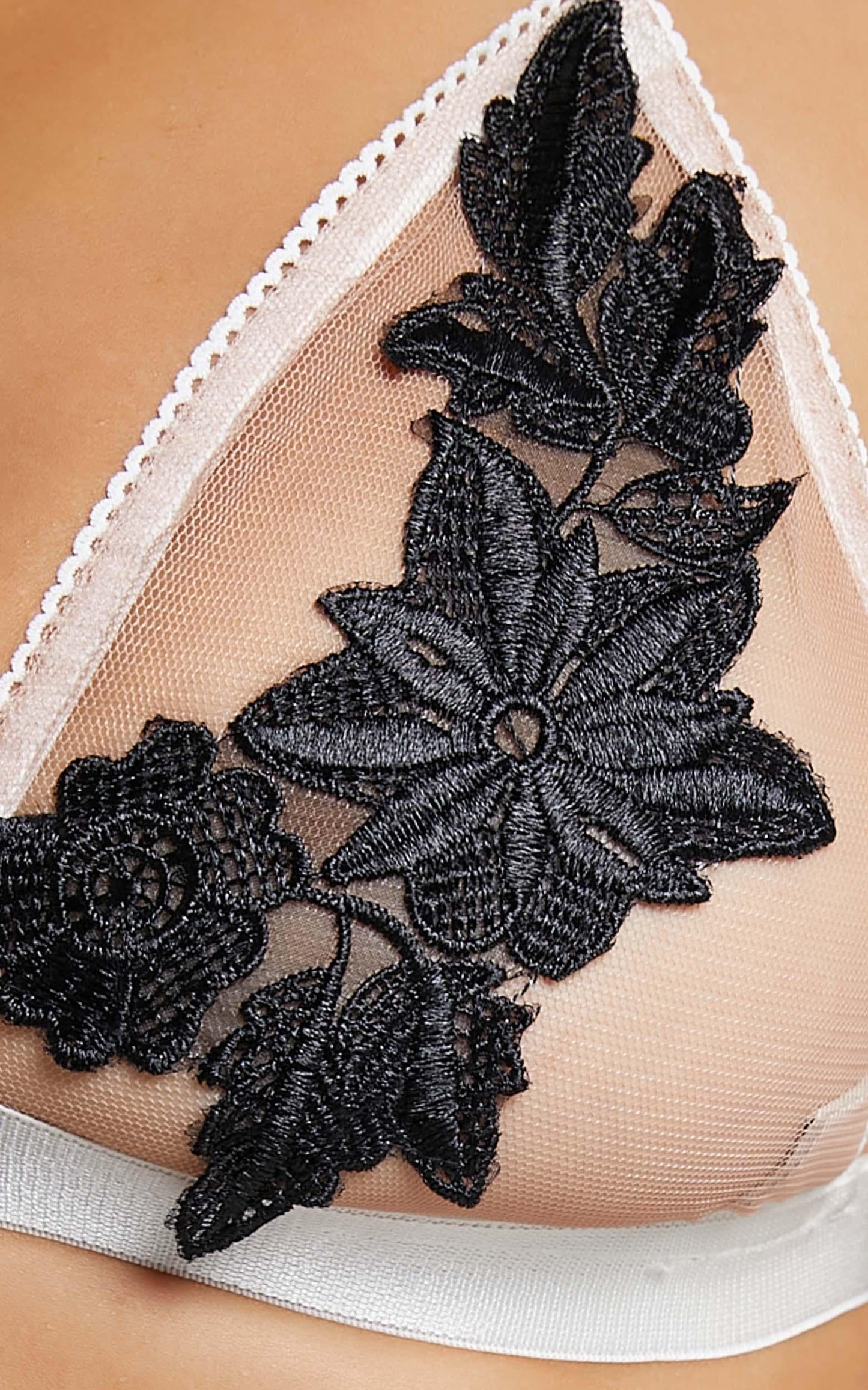 Izabelle Floral Applique Mesh Bralette In Nude and Black