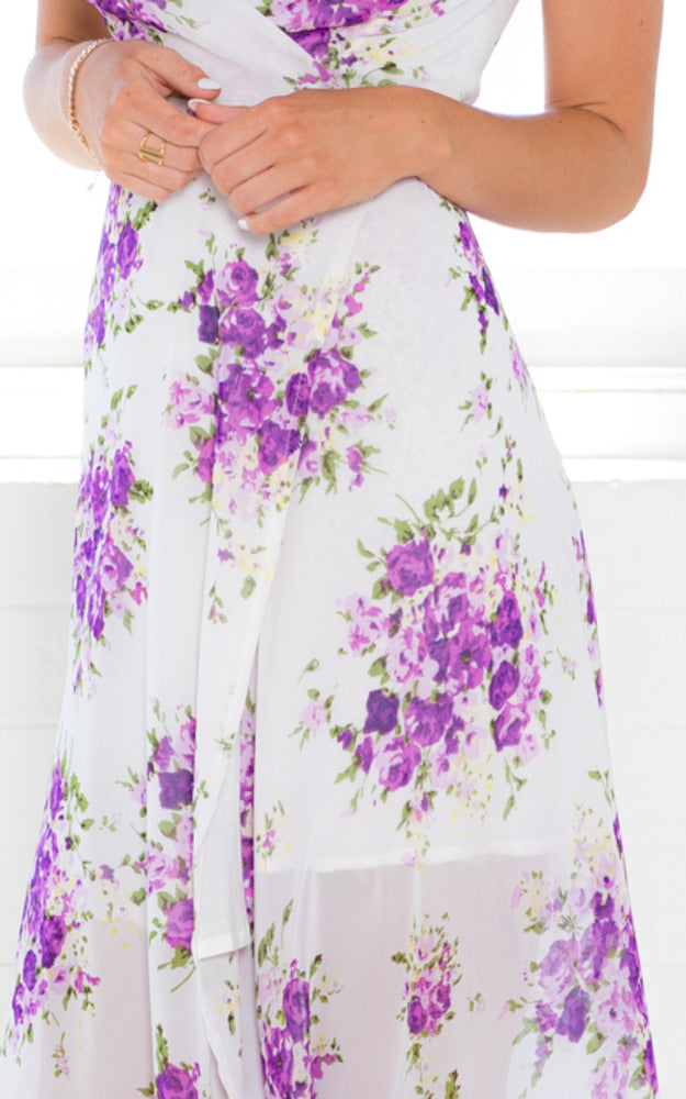 Wrap And Cross Maxi Dress In Purple Floral