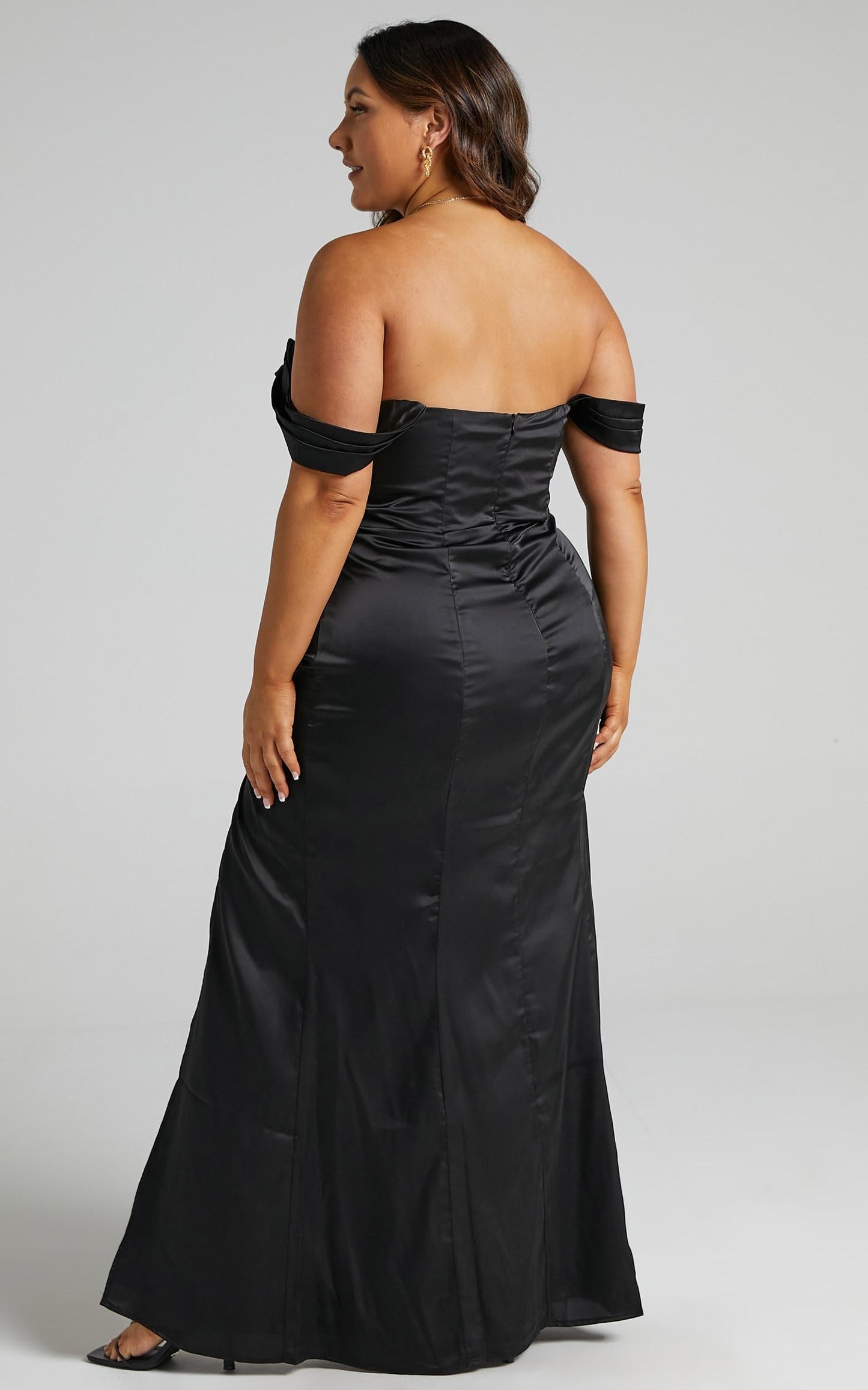 Faye Off Shoulder Maxi Dress in Black Satin
