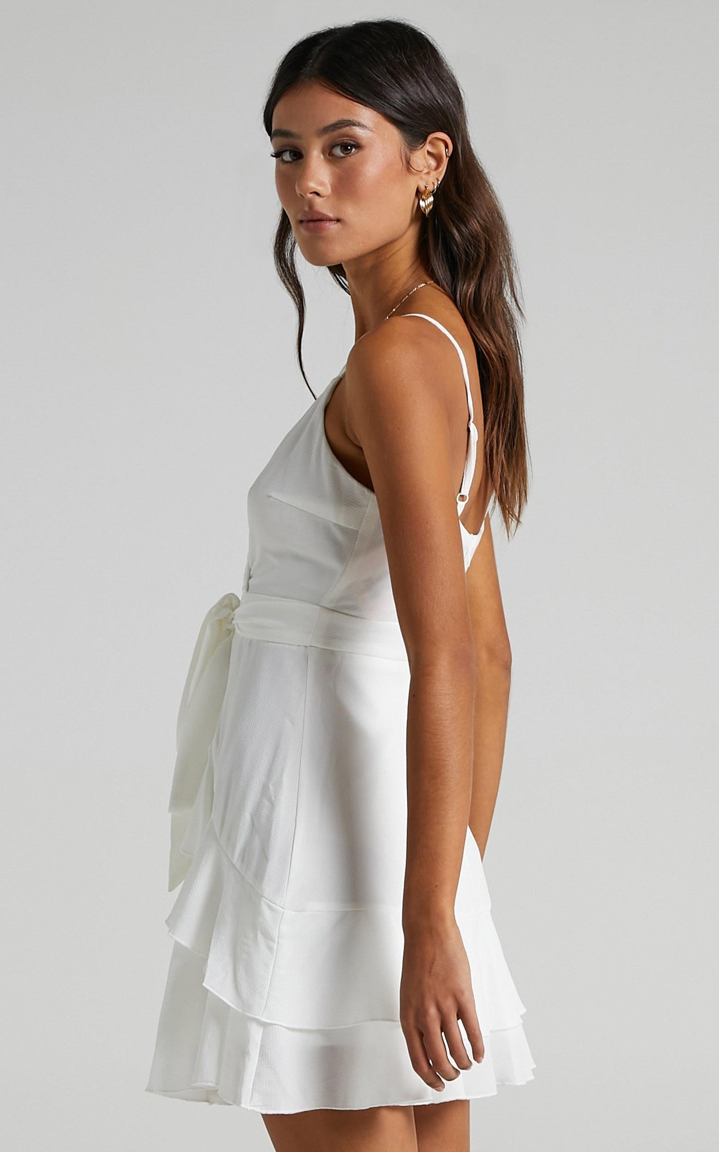 Feels Like Love Dress Mini Dress - Tie Waist Ruffle Detail Dress in White