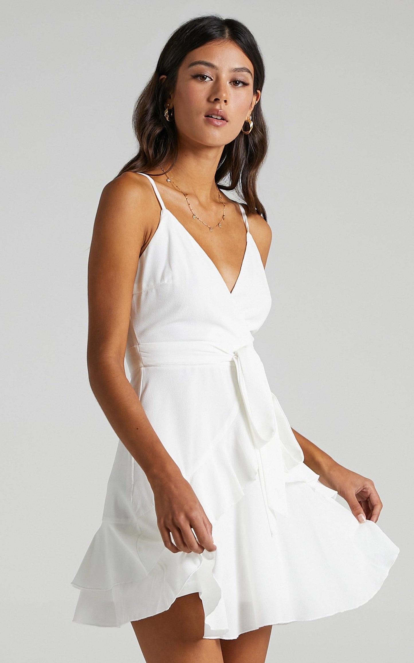 Feels Like Love Dress Mini Dress - Tie Waist Ruffle Detail Dress in White