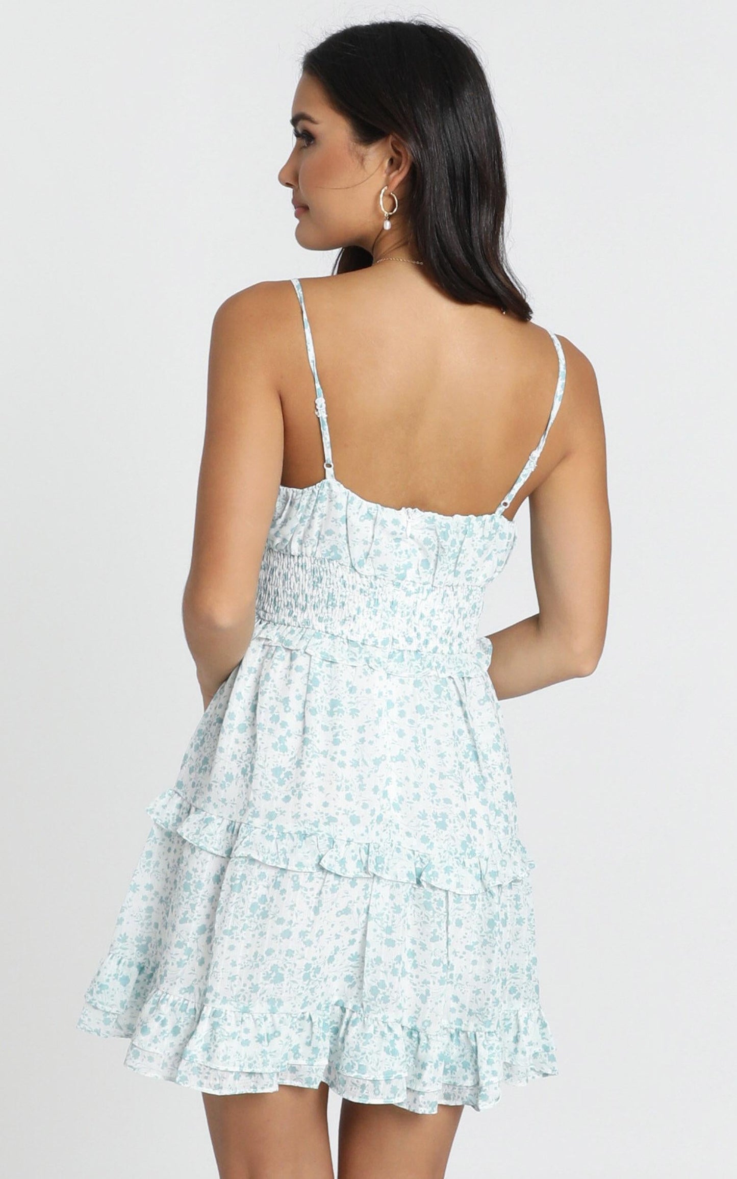 Felicia Shirred Waist Mini Dress In Sage Floral